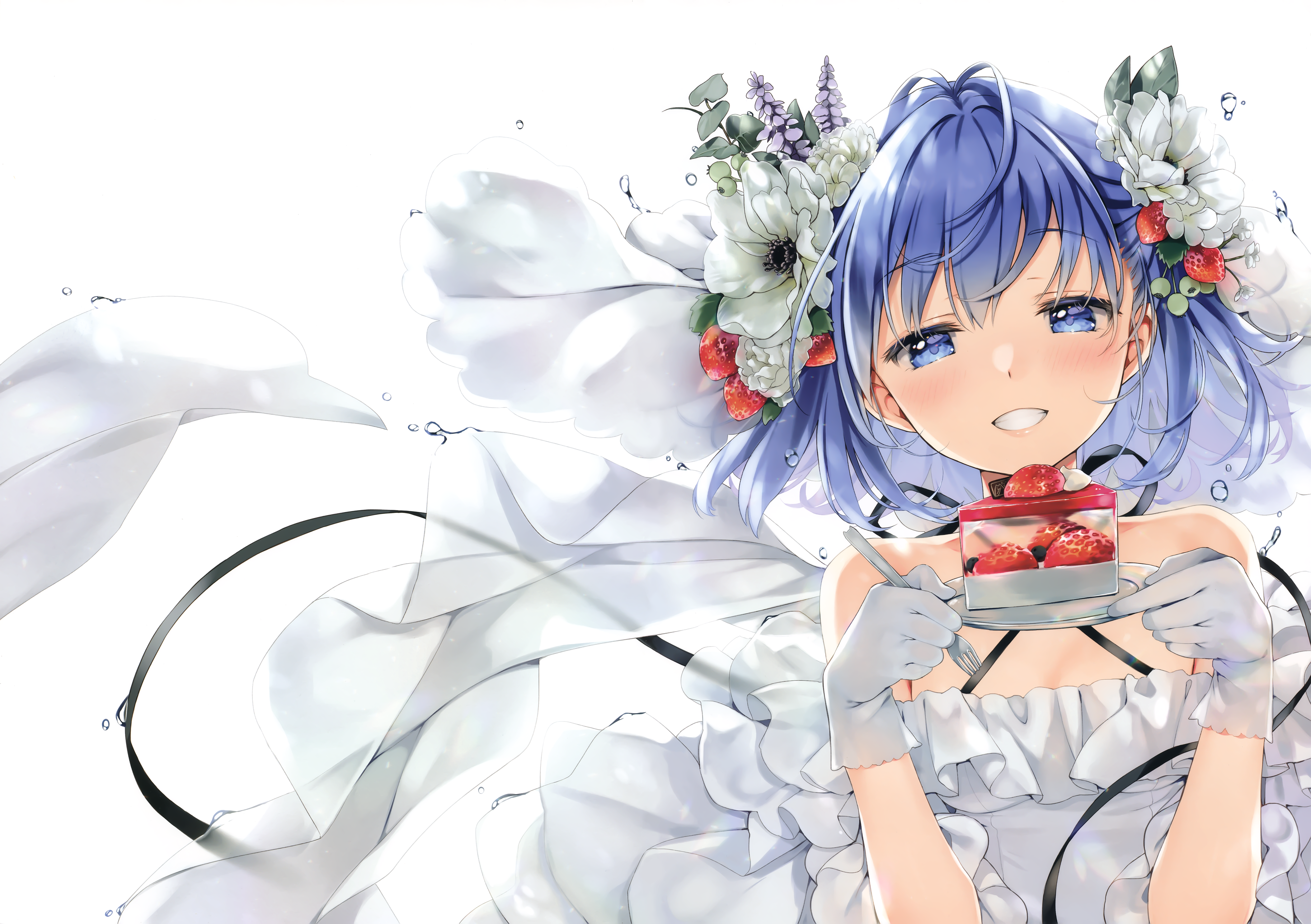 Anime 4965x3500 blue hair blue eyes brides smiling flower in hair cake anime girls Natsume Eri