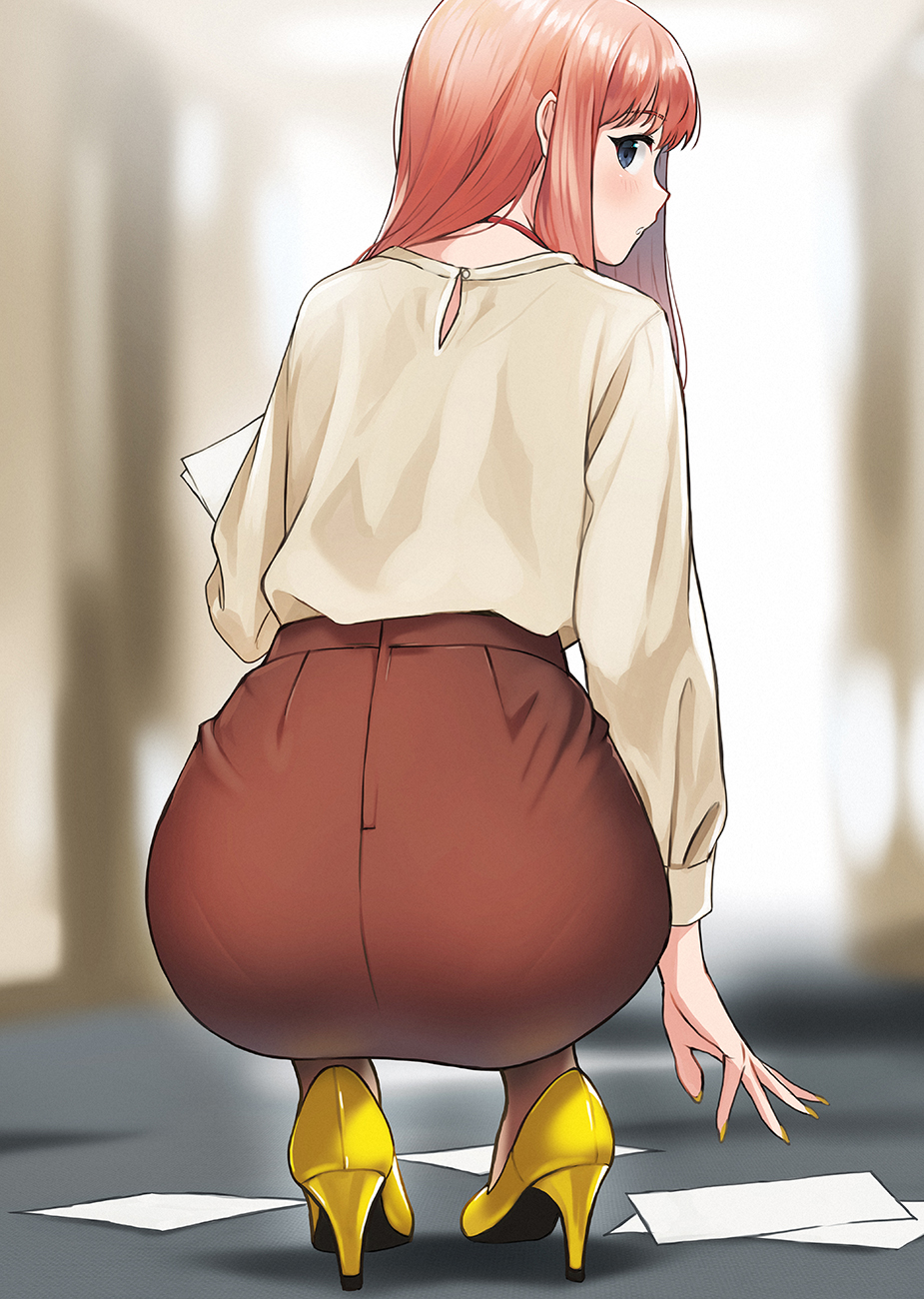 Anime 925x1300 anime anime girls high heels tight Skirt looking at viewer office girl brunette squatting Doushimasho