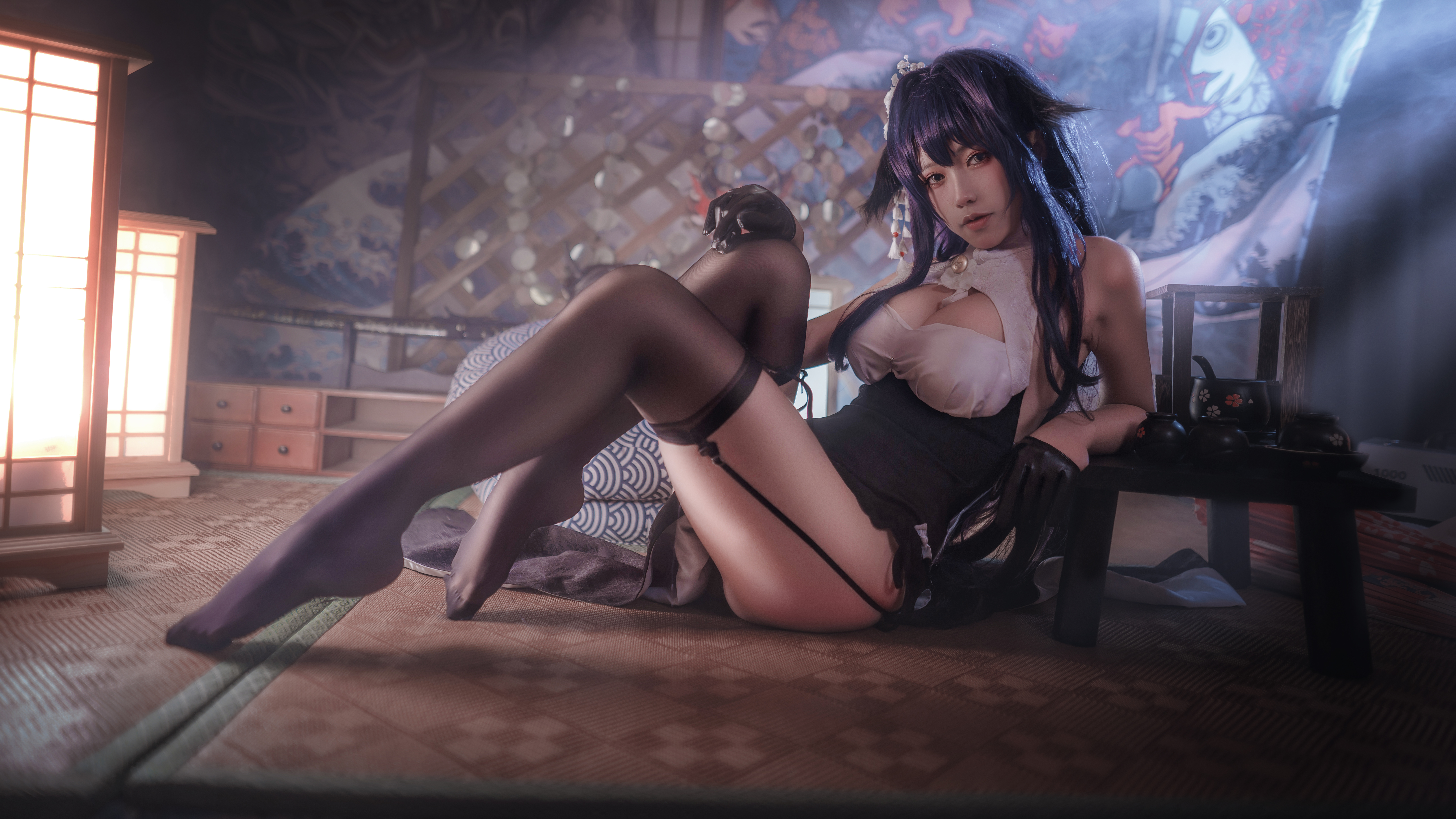People 6493x3652 women model Asian video games video game girls Chinese dress cheongsam cleavage lamp lingerie black lingerie garter straps stockings looking at viewer parted lips thighs legs indoors pointed toes cosplay