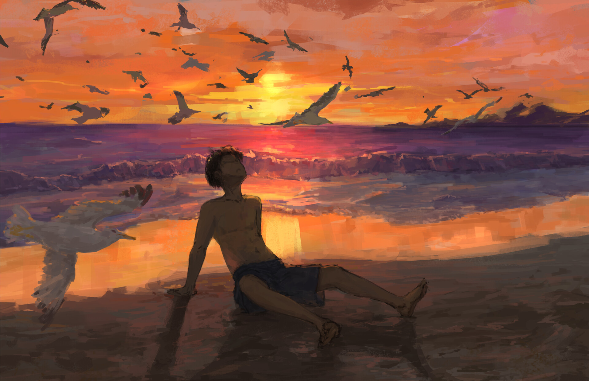 Anime 1920x1241 anime anime boys sunset sea seagulls XilmO