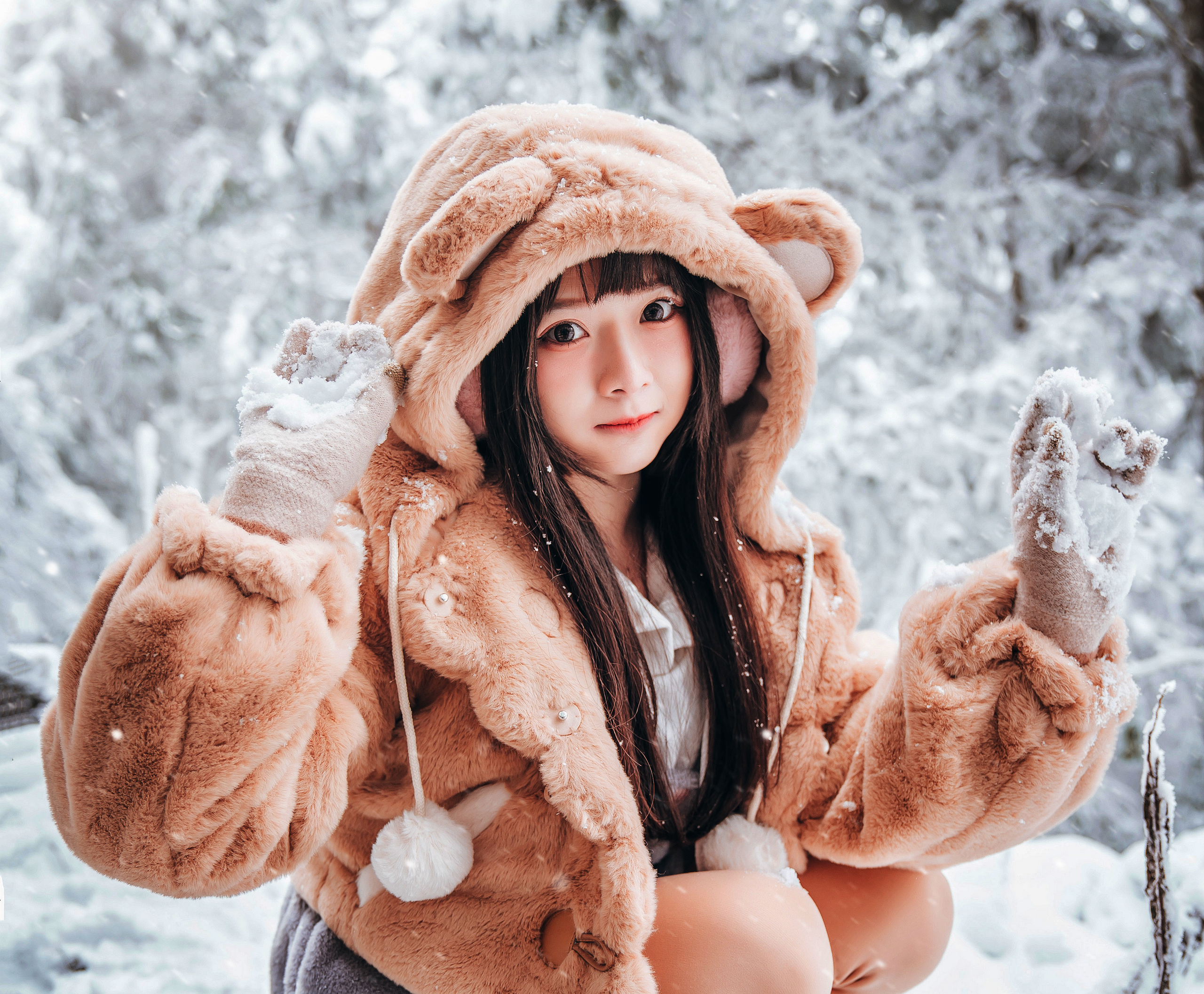 People 2560x2113 Asian women model long hair brunette gloves snow depth of field jacket teddy bears shirt ear muffs