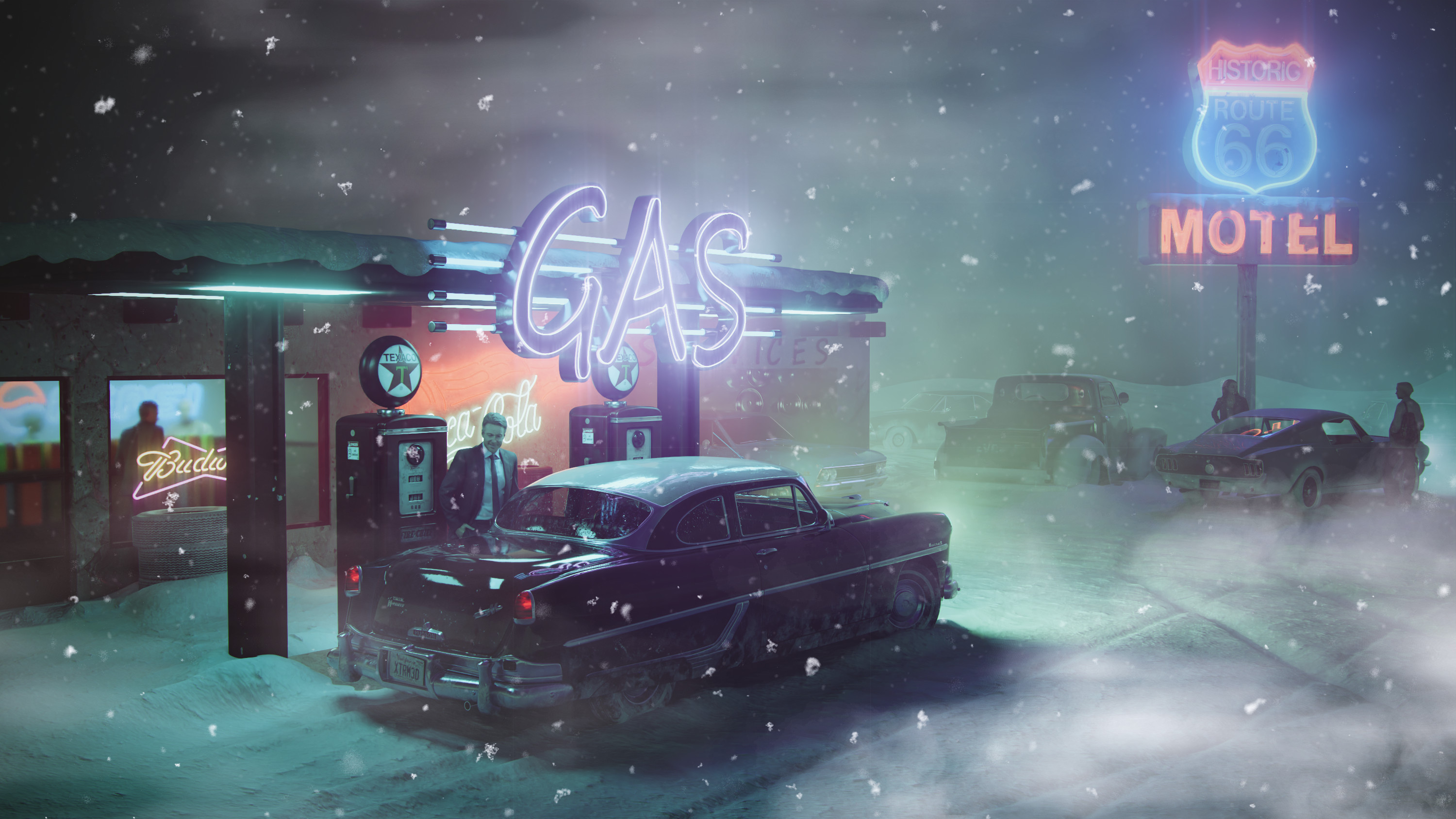 General 3000x1688 winter night cold men car artwork vehicle gas station motel Route 66 snowflakes digital art