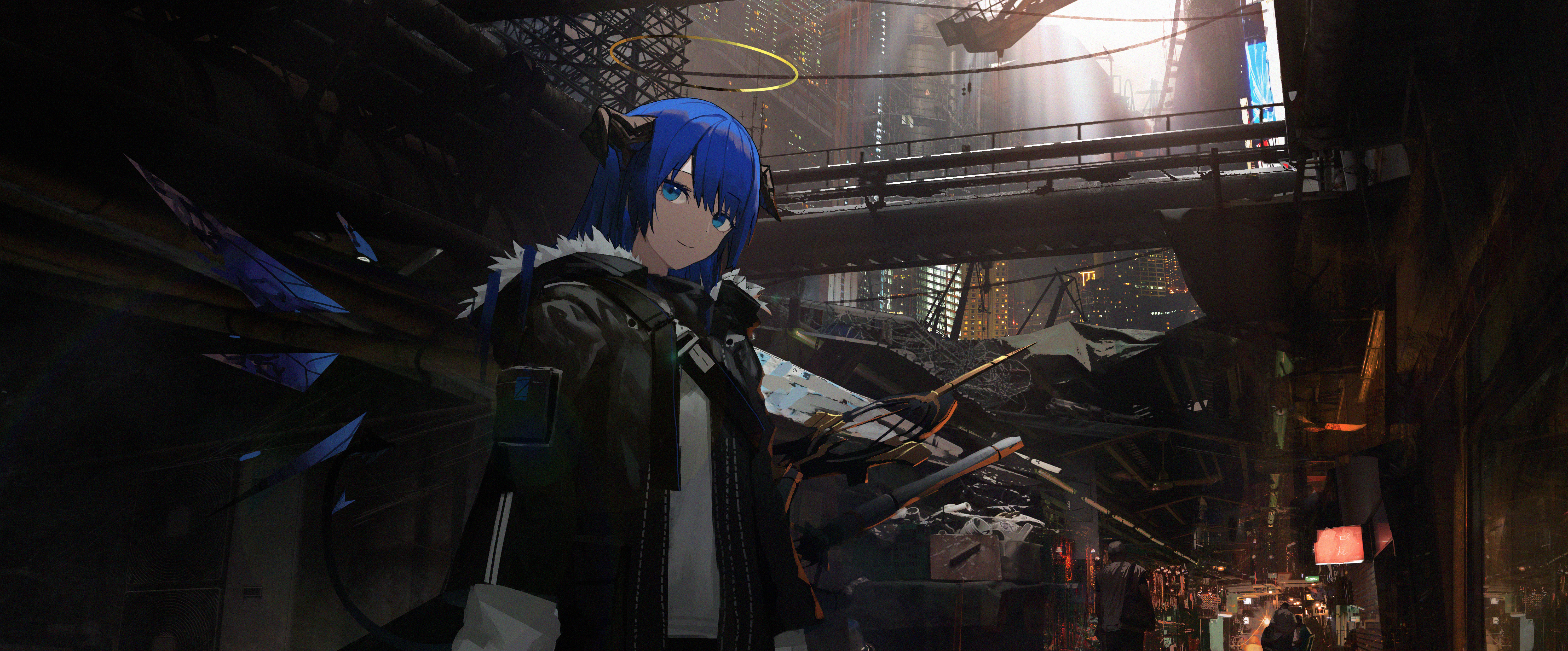 Anime 6000x2492 Asteroid (artist) Arknights anime girls Mostima (Arknights) blue hair horns halo