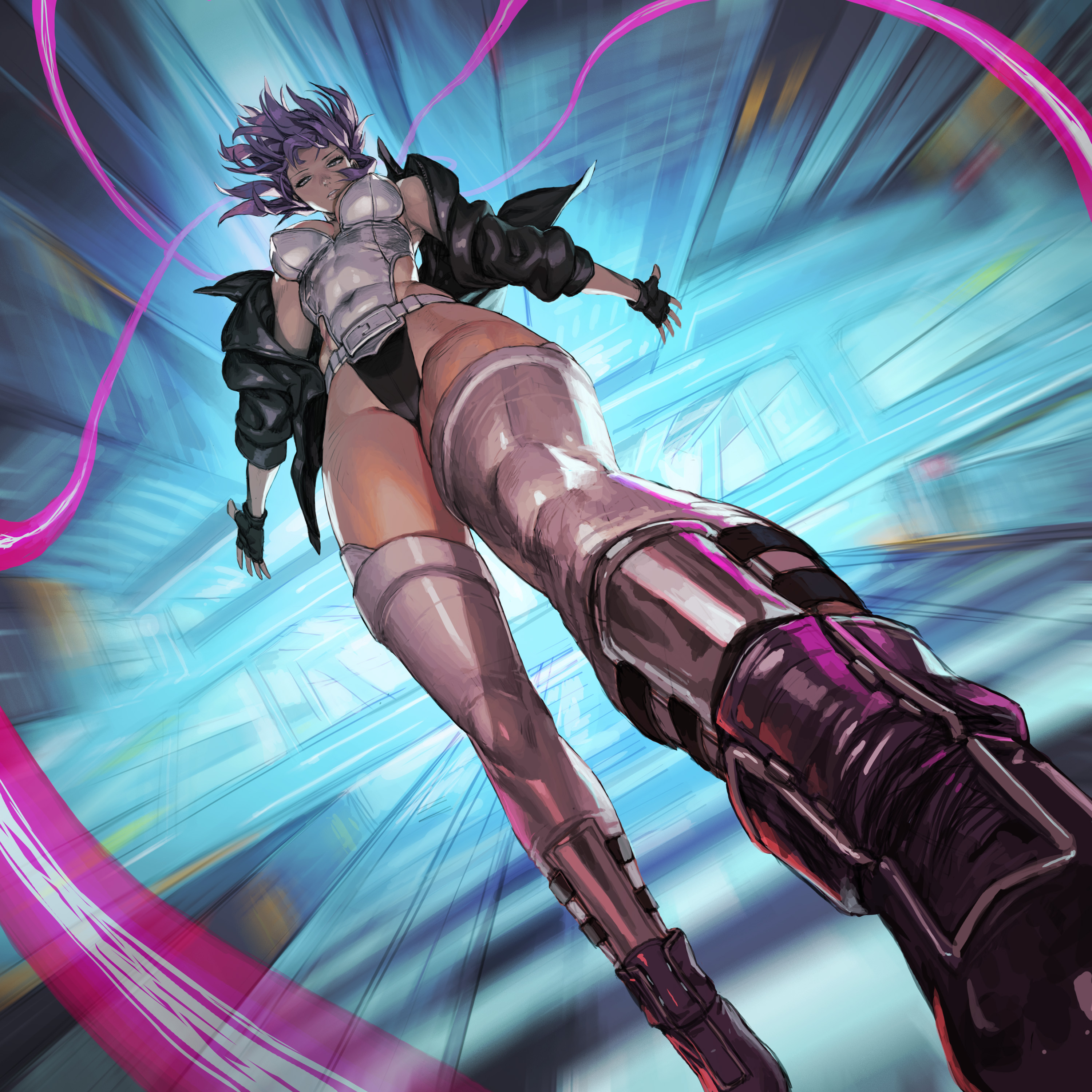 Anime 3000x3000 Kusanagi Motoko anime girls Ghost in the Shell cyberpunk low-angle thigh high boots leotard open jacket Loped