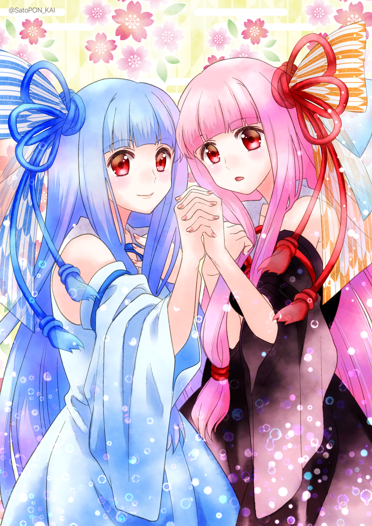 Anime 1240x1754 anime anime girls Voiceroid Kotonoha Aoi Kotonoha Akane blue hair pink hair long hair twins artwork digital art fan art