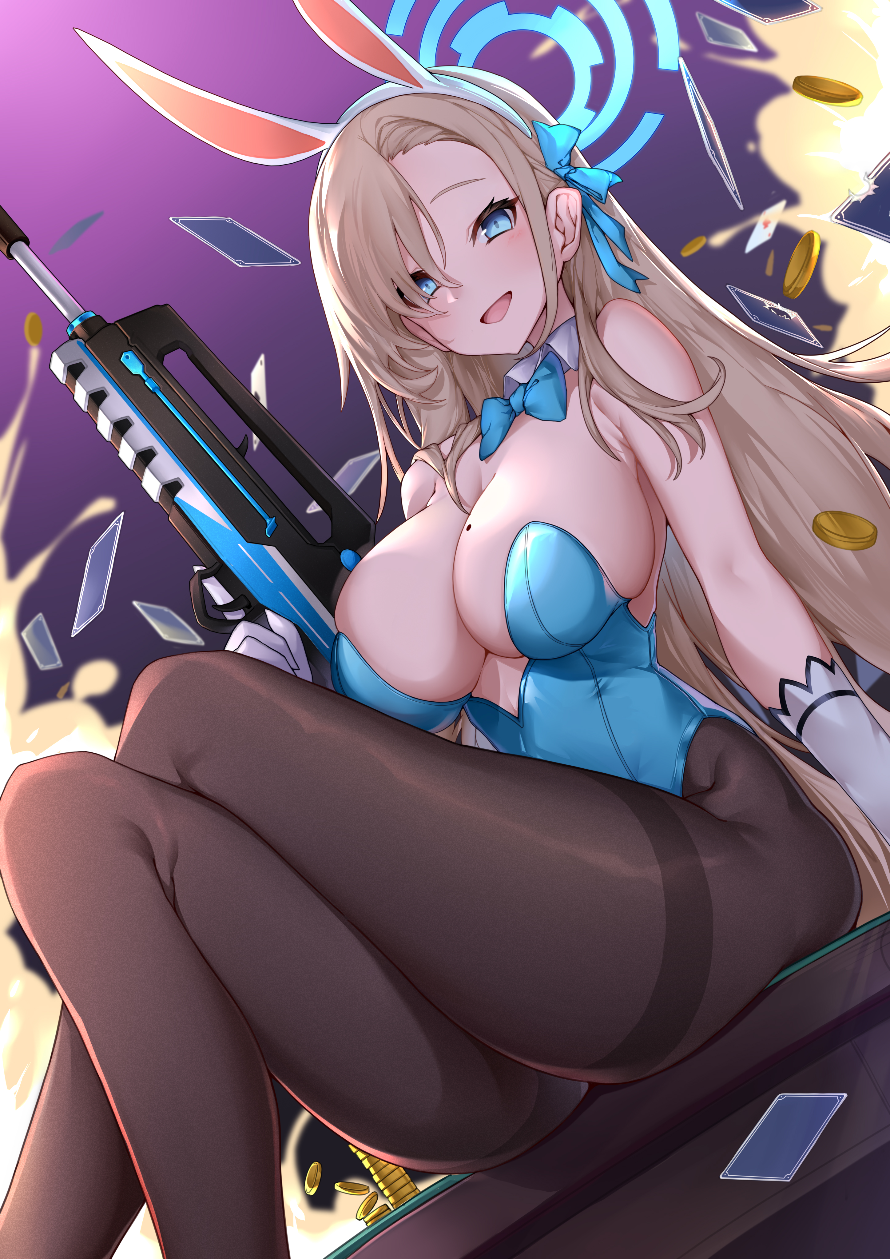 Anime 2894x4093 anime anime girls bunny suit bunny ears bunny girl big boobs gun girls with guns pantyhose blue eyes cards blonde Asuna Ichinose weapon blue leotard legs crossed low-angle gold coins mole on breast portrait display