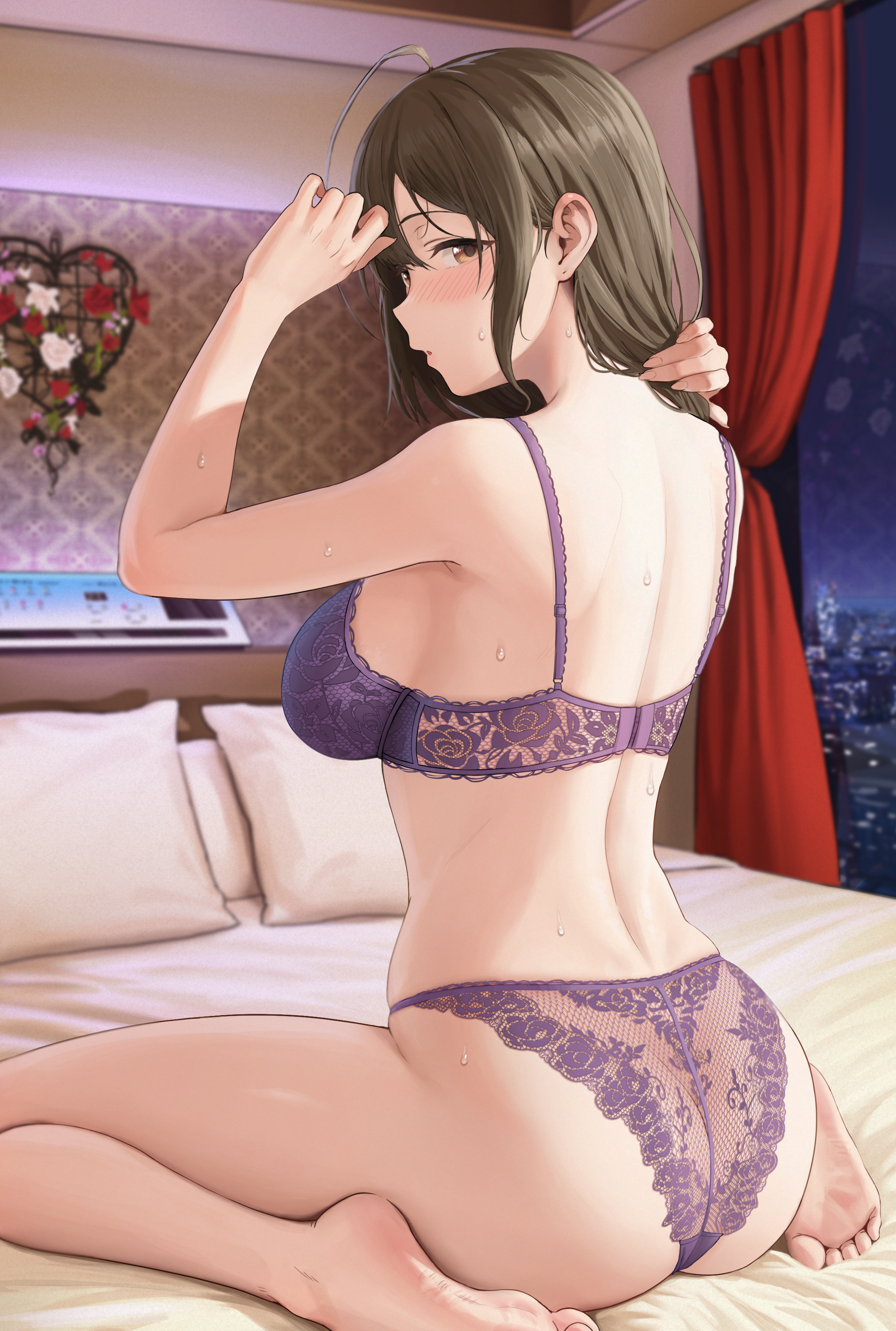 Anime 2164x3215 anime anime girls underwear sideboob ass looking back kneeling in bed Kuwayama Chiyuki THE iDOLM@STER artwork Chagama Teishoku
