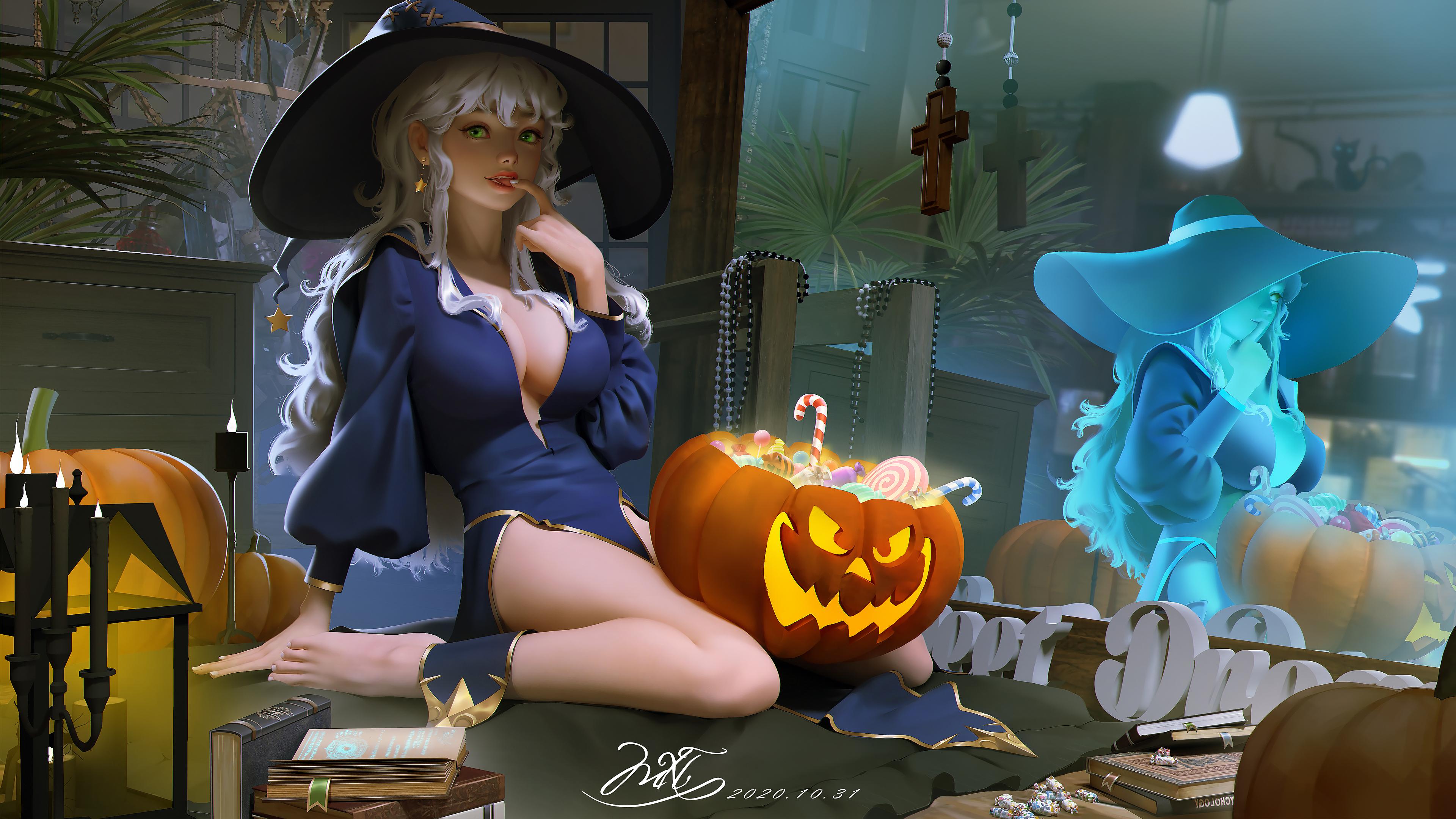 Anime 3840x2160 anime girls Halloween cleavage hat candy sweets reflection witch hat pumpkin digital art cross candles