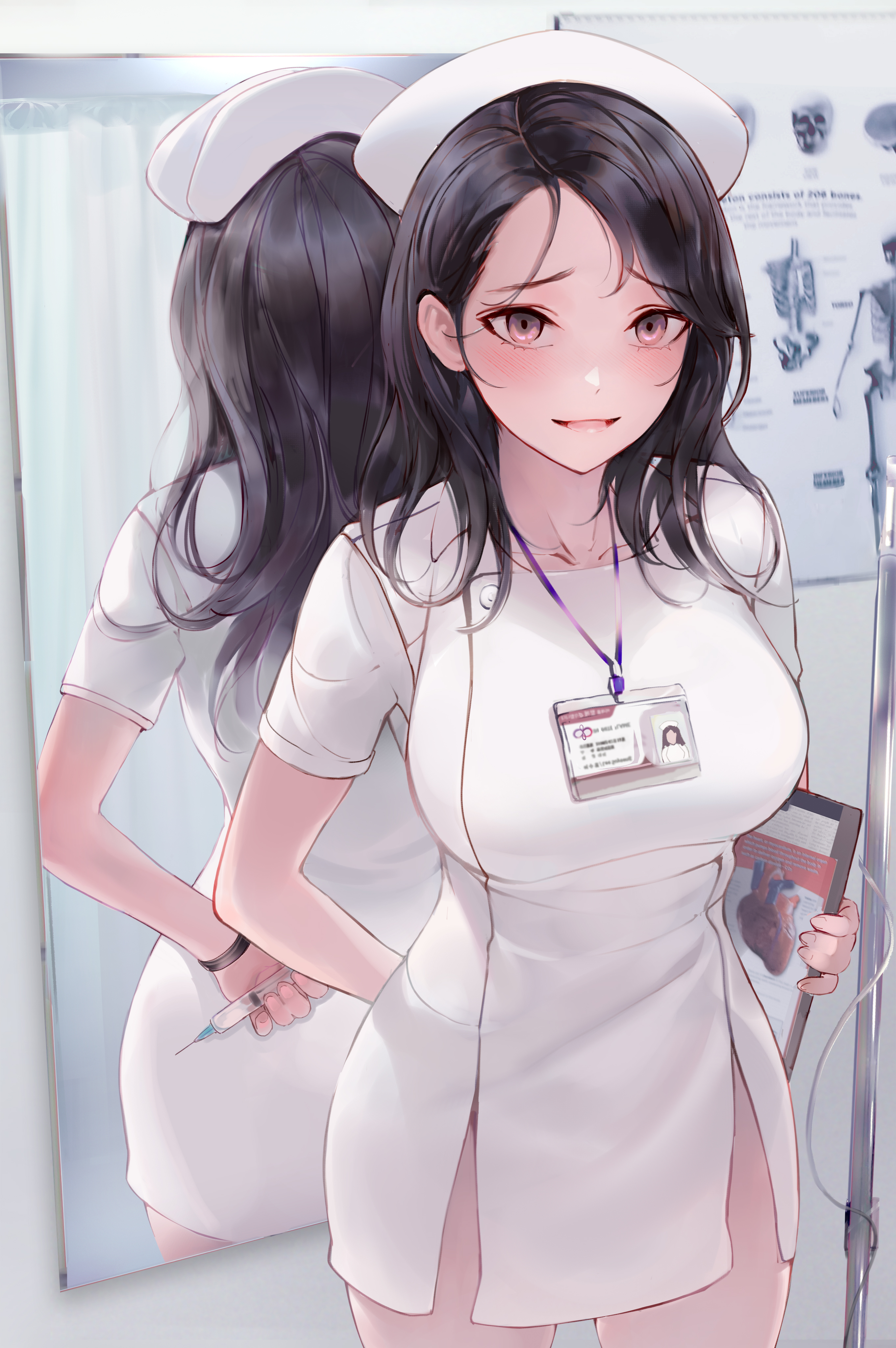 Anime 2724x4096 anime anime girls original characters nurse outfit artwork digital art fan art nurses chowbie thighs smiling blushing mirror reflection black hair syringe headdress