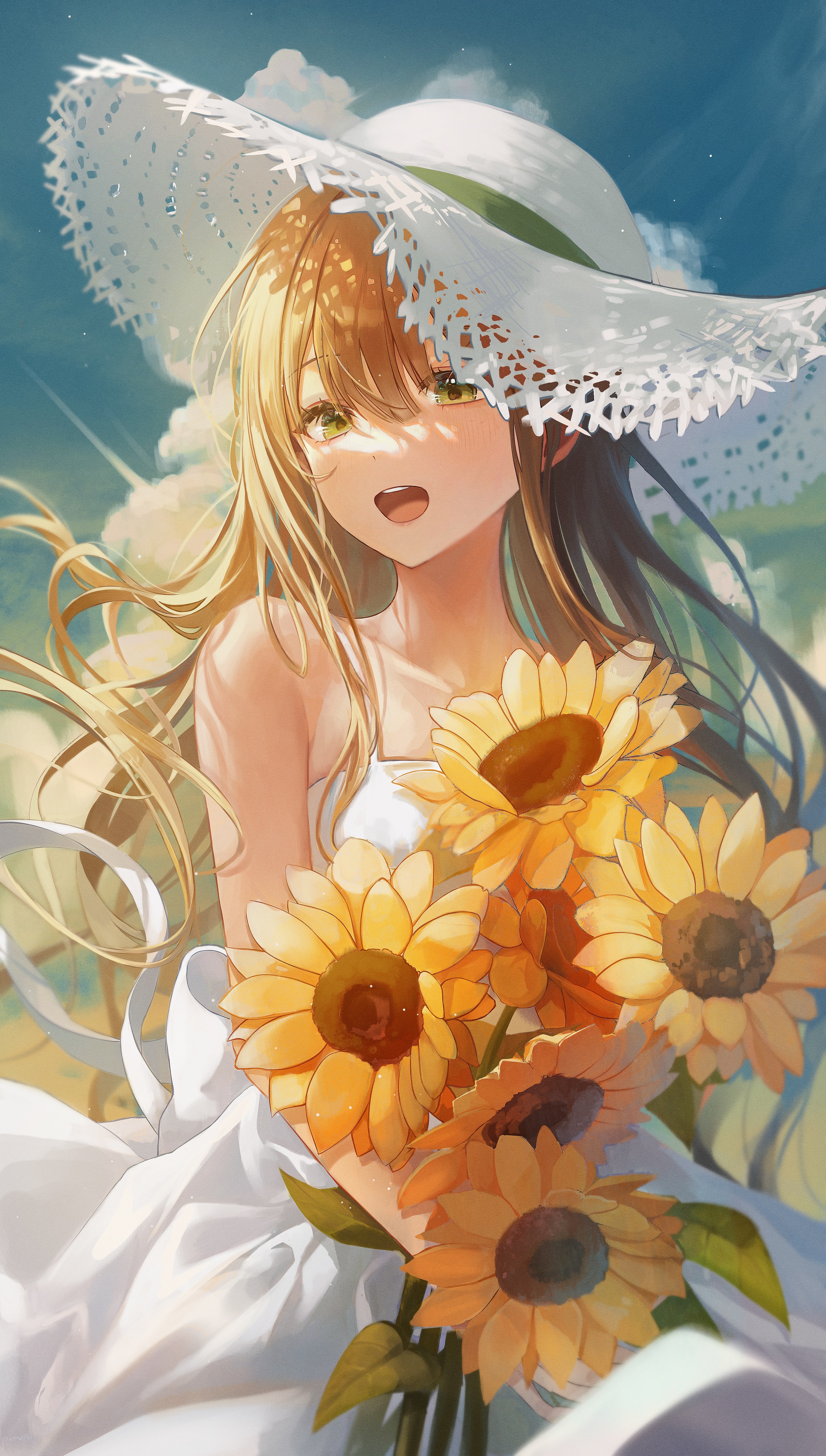 Anime 2713x4785 anime anime girls original characters artwork digital art fan art hat sunflowers sun dress sun hats Myowa