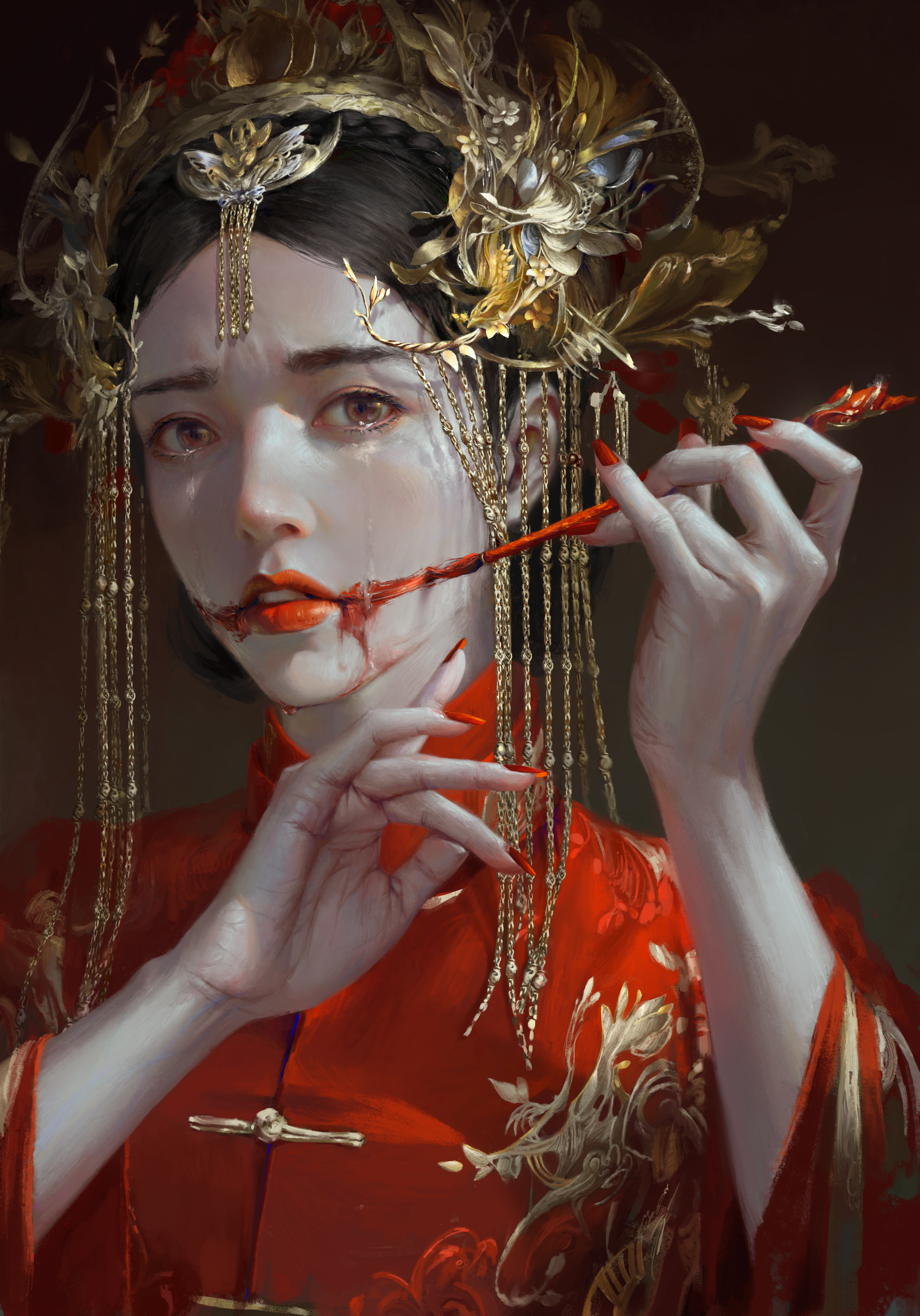 General 3840x5494 fantasy girl looking at viewer lipstick crying dress women luo ben tang mao zi digital art portrait display