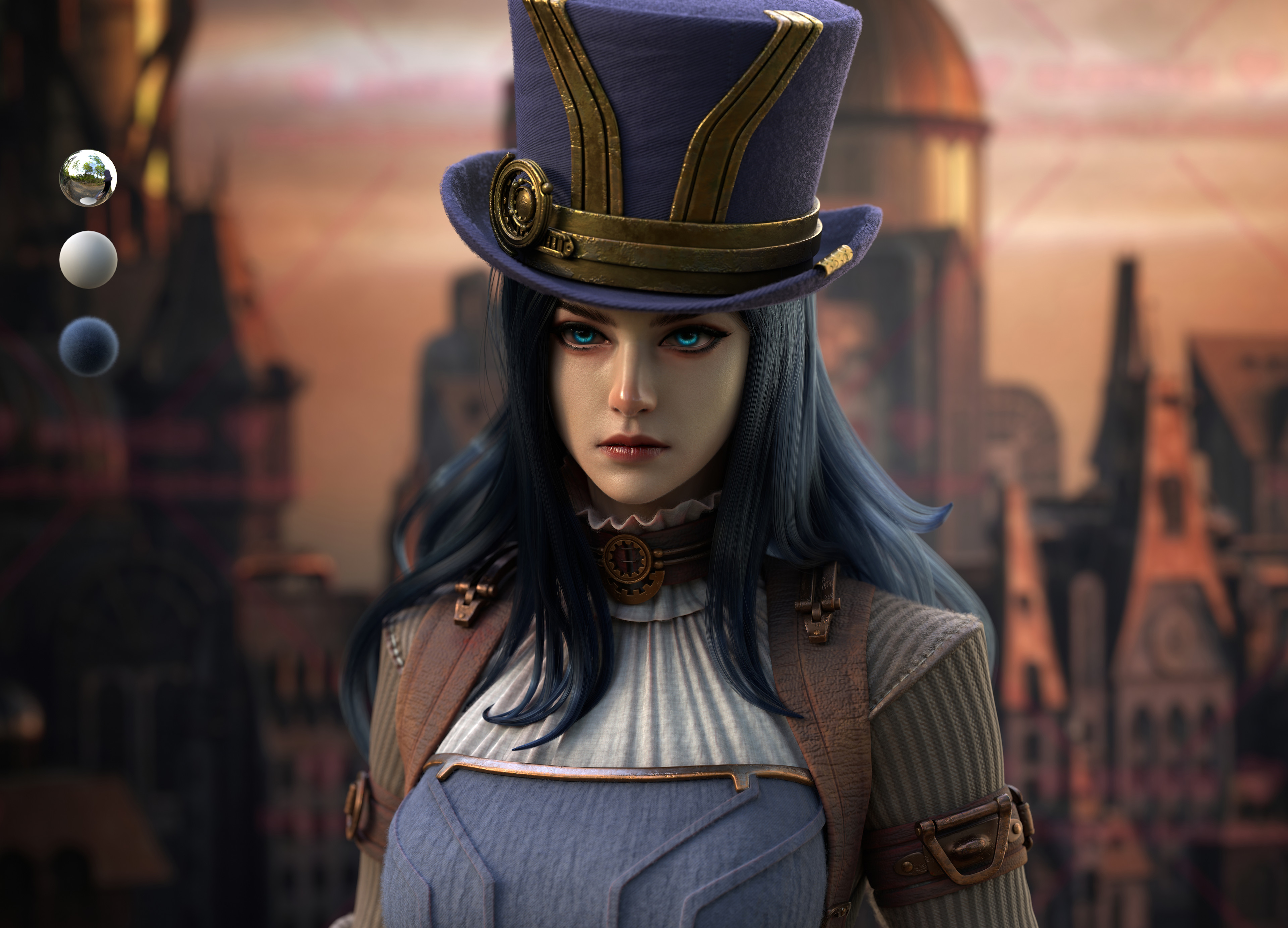 General 3840x2766 F F CGI women League of Legends hat portrait Caitlyn (League of Legends) steampunk steampunk girl top hat long hair cityscape digital art