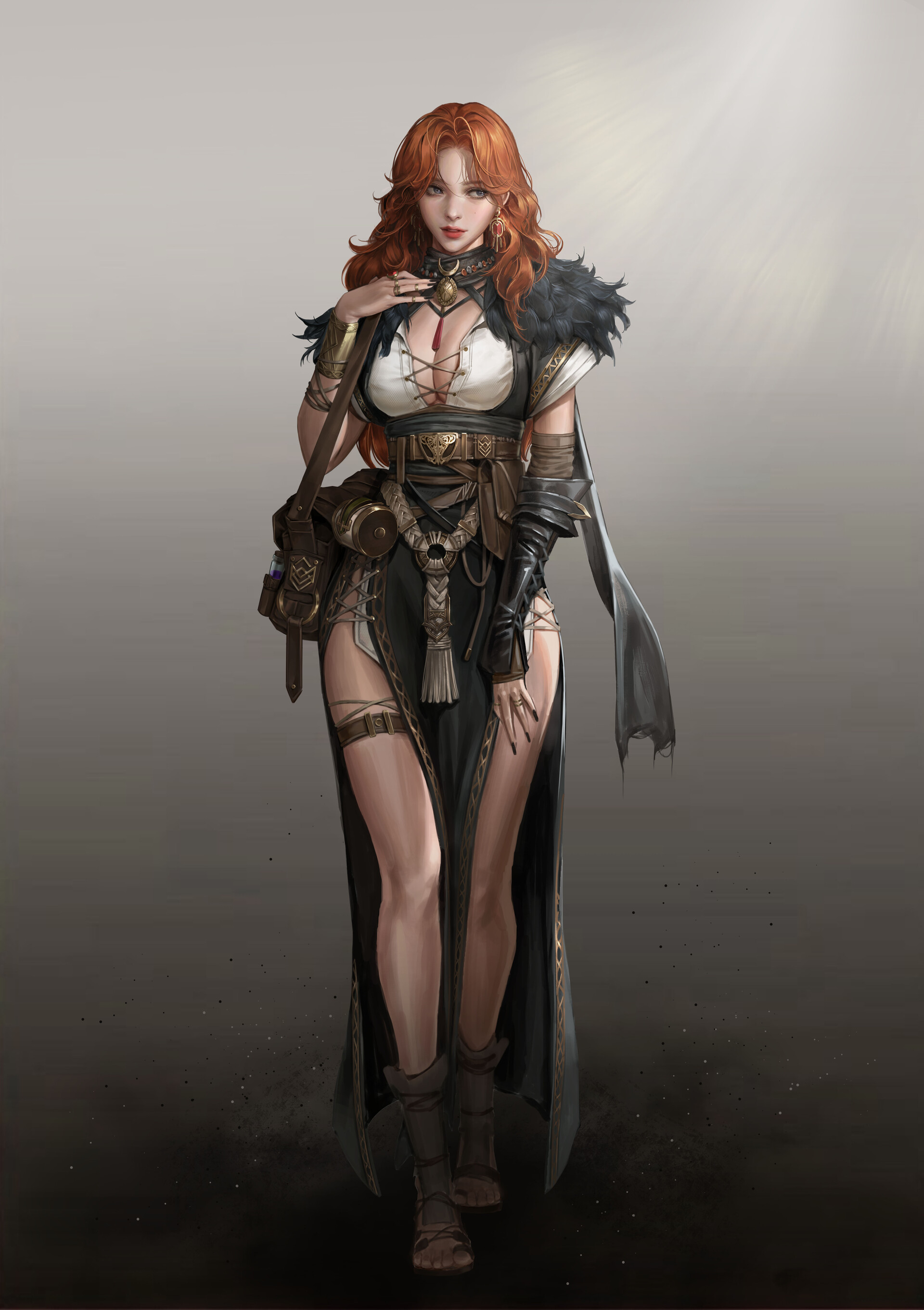 General 1920x2722 Zhincy drawing women redhead dress feathers cloth fantasy art gradient legs fantasy girl simple background gray background cleavage long hair standing