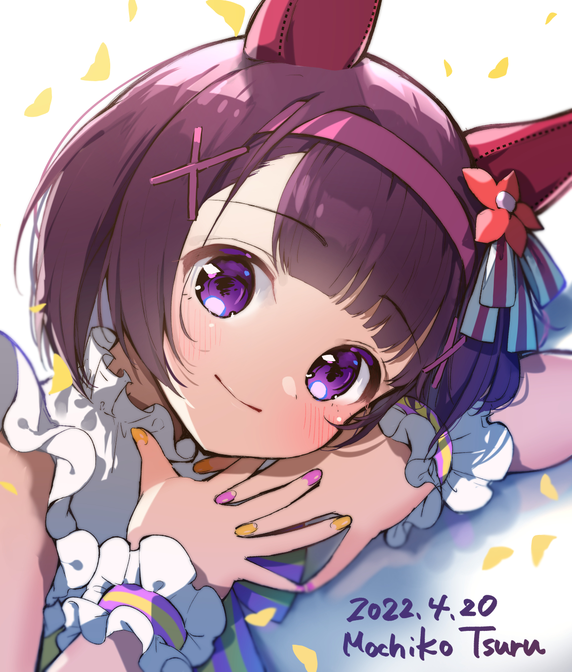 Anime 1157x1358 anime anime girls Uma Musume Pretty Derby Nishino Flower (Uma Musume) brunette horse girls animal ears artwork fan art watermarked 2022 (year) face painted nails yellow nails pink nails purple eyes looking at viewer shoulder length hair