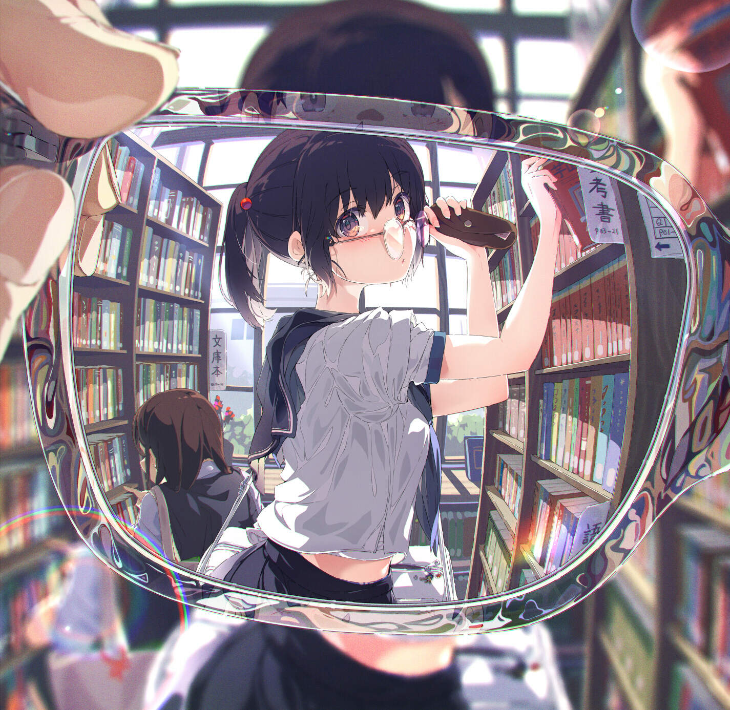 Anime 1425x1386 original characters glasses library anime anime girls women with glasses books dark hair school uniform schoolgirl artwork Ogipote