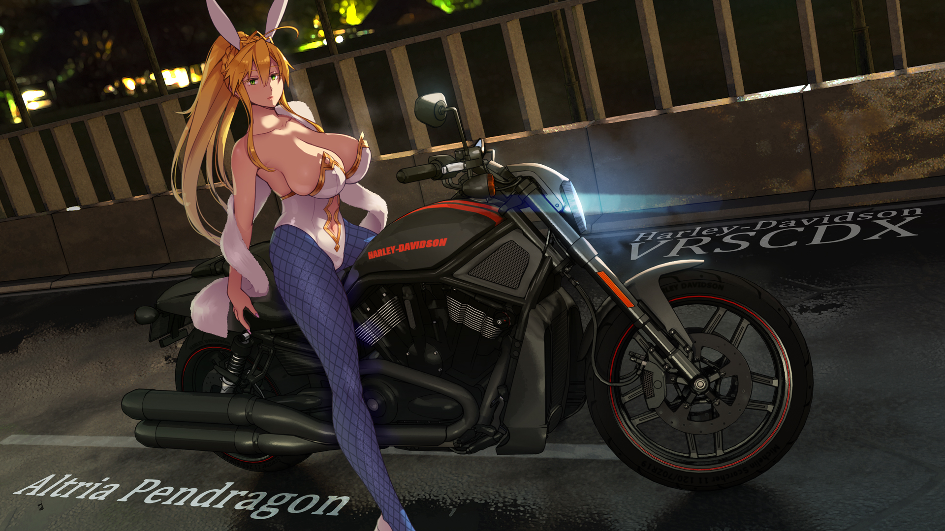 Anime 1920x1080 anime anime girls huge breasts hanging boobs low neckline bunny girl bunny suit bunny ears fishnet motorcycle Fate series Artoria Pendragon Harley-Davidson