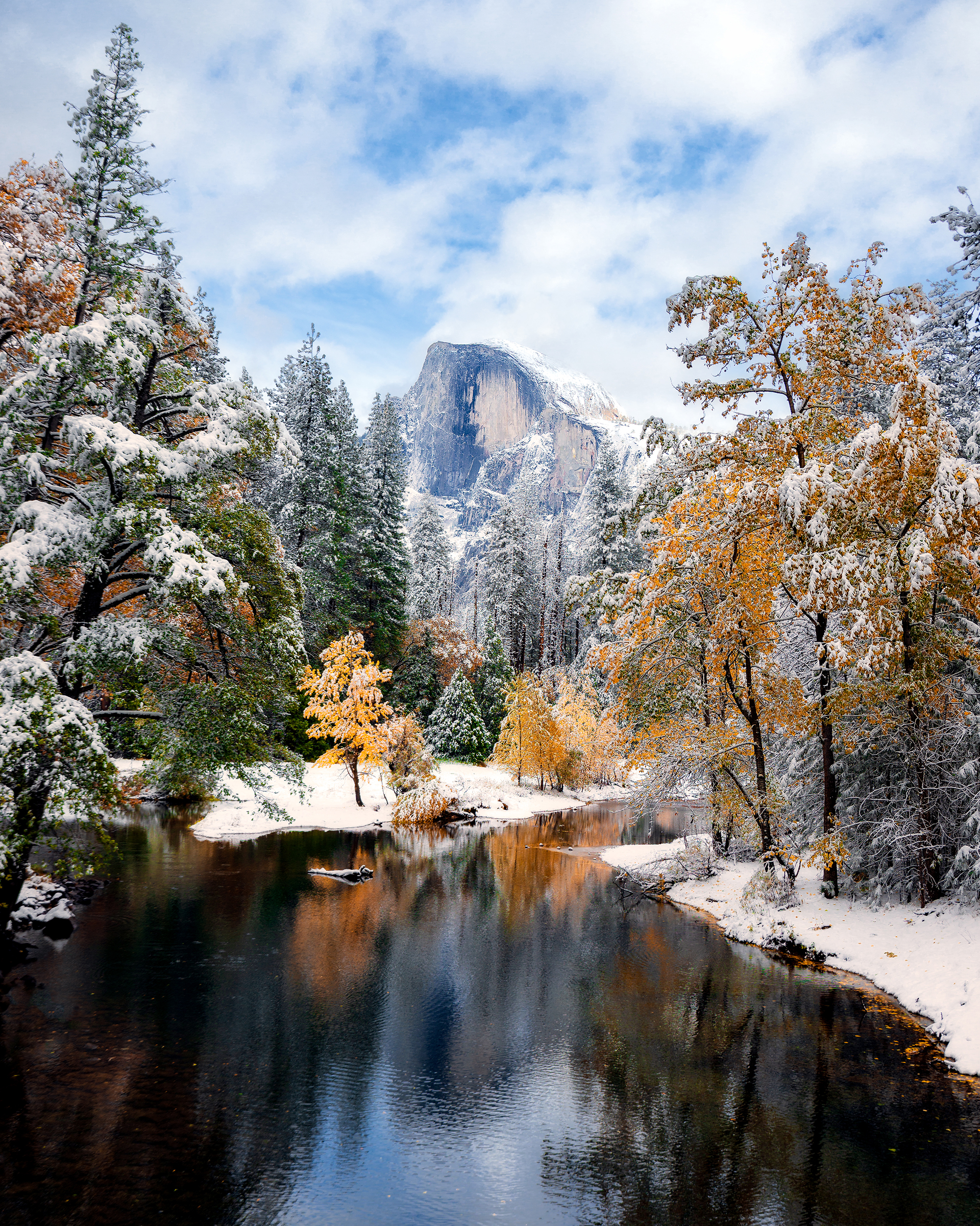 General 2000x2501 nature landscape portrait display trees winter snow lake reflection clouds Yosemite National Park Half Dome