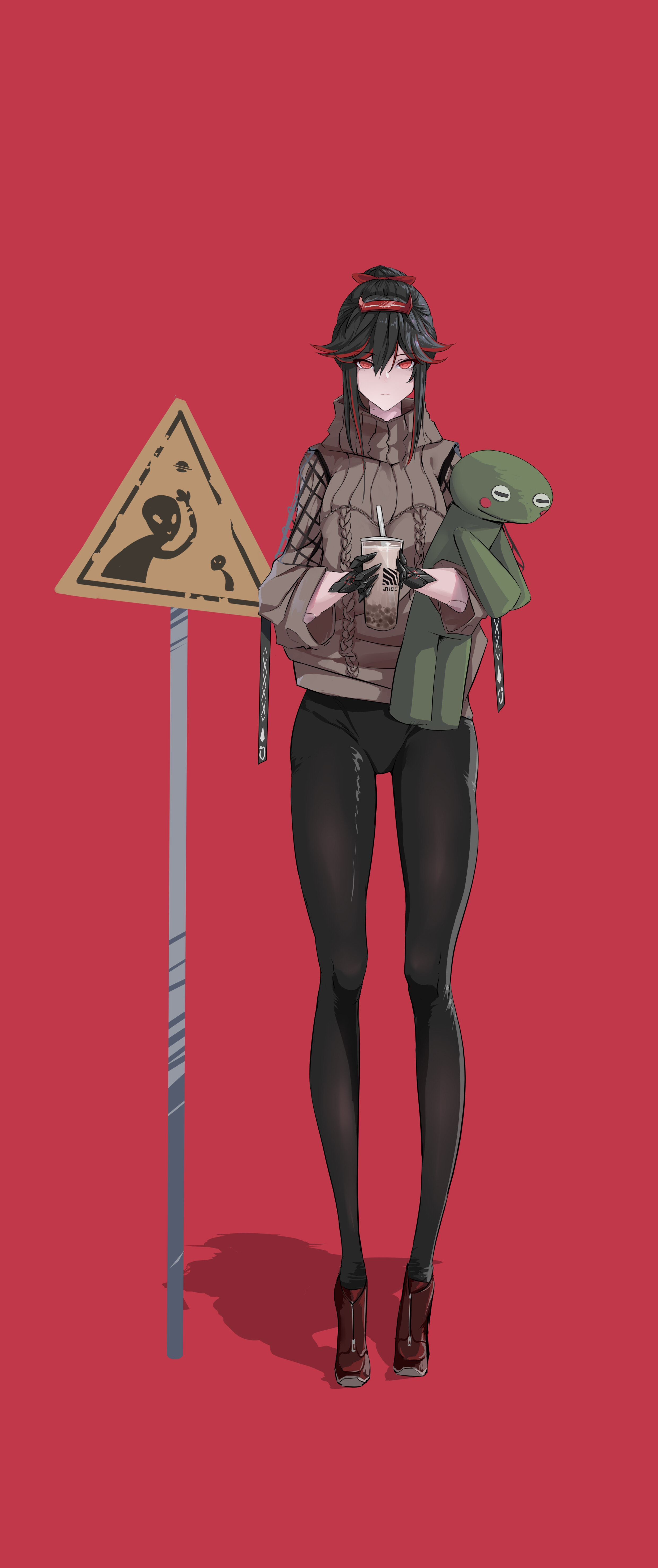 Anime 2480x5906 ADS_Active Defense Cat drink aliens frontal view road sign Punishing: Gray Raven anime girls women simple background Pixiv legs skinny sign red eyes anime red background