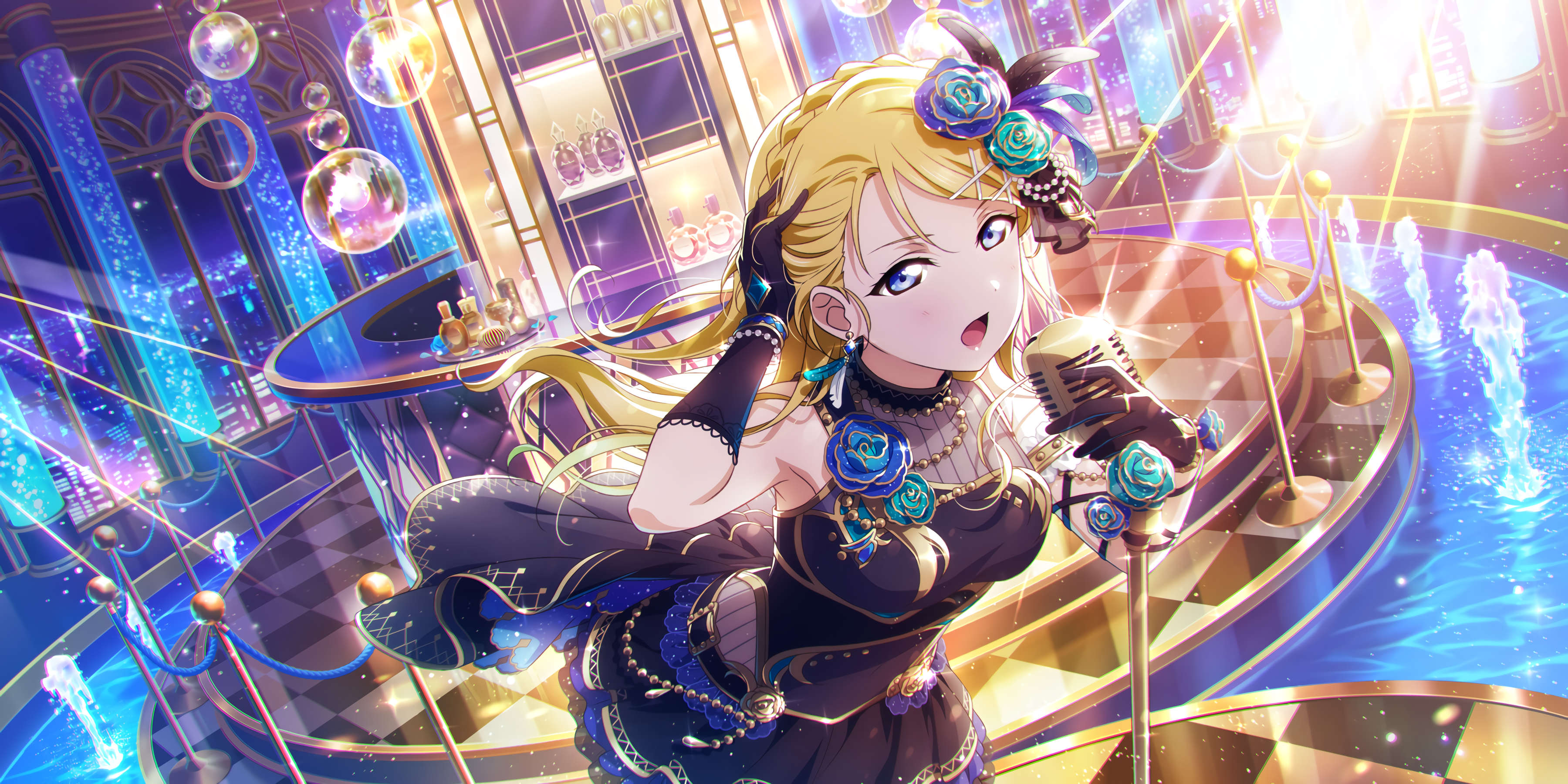 Anime 3600x1800 Love Live! Love Live! Sunshine anime girls anime blonde microphone colorful open mouth singer hand(s) in hair dress blue eyes flower in hair looking at viewer gloves Ayase Eli