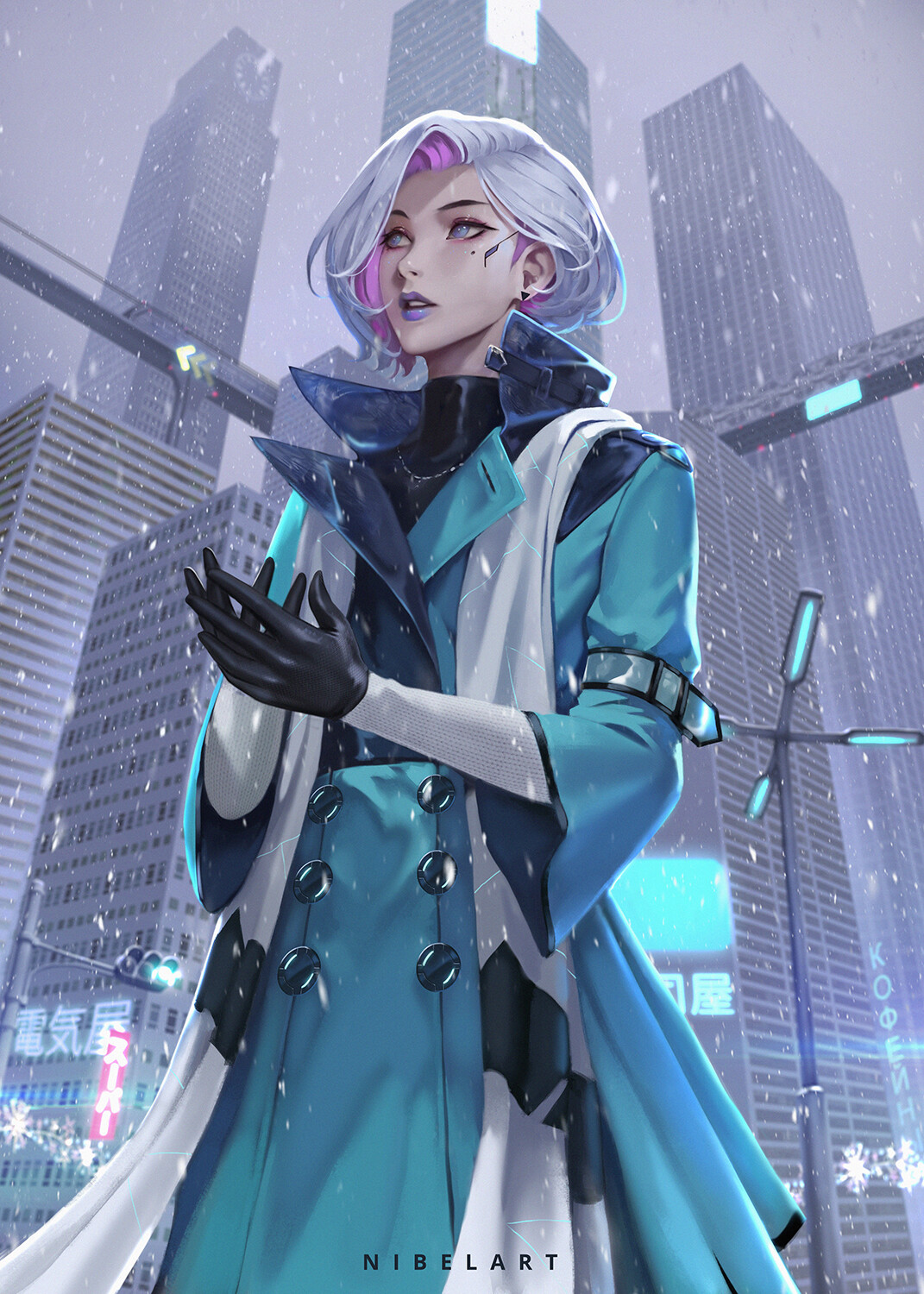 Anime 1071x1500 anime girls simple background original characters drawing concept art NibelArt winter snow short hair multi-colored hair silver hair coats