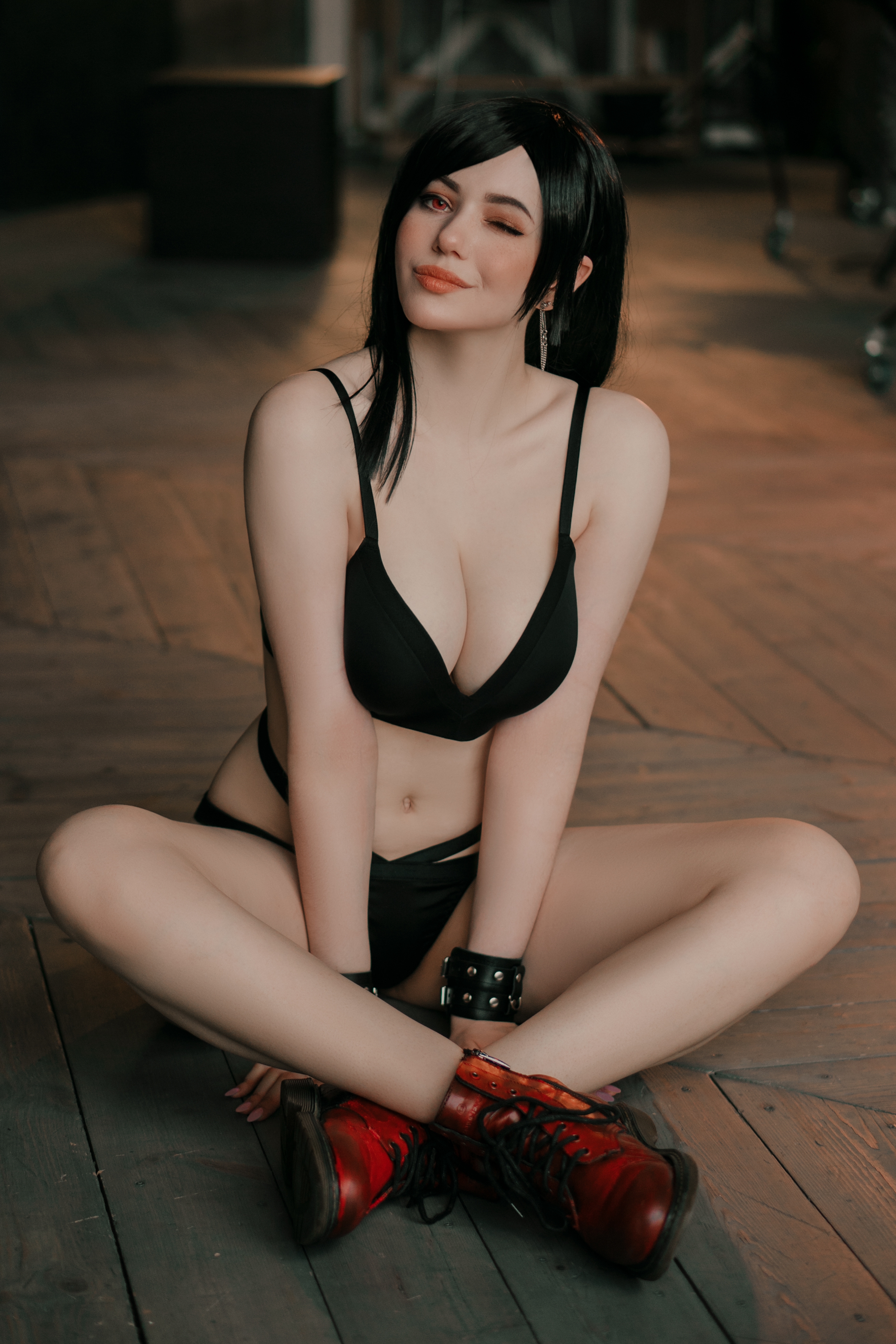 People 2624x3936 women long hair black hair belt lingerie belly belly button boobs sitting cross legged frontal view red eyes cleavage bra looking at viewer earring big boobs Russian women