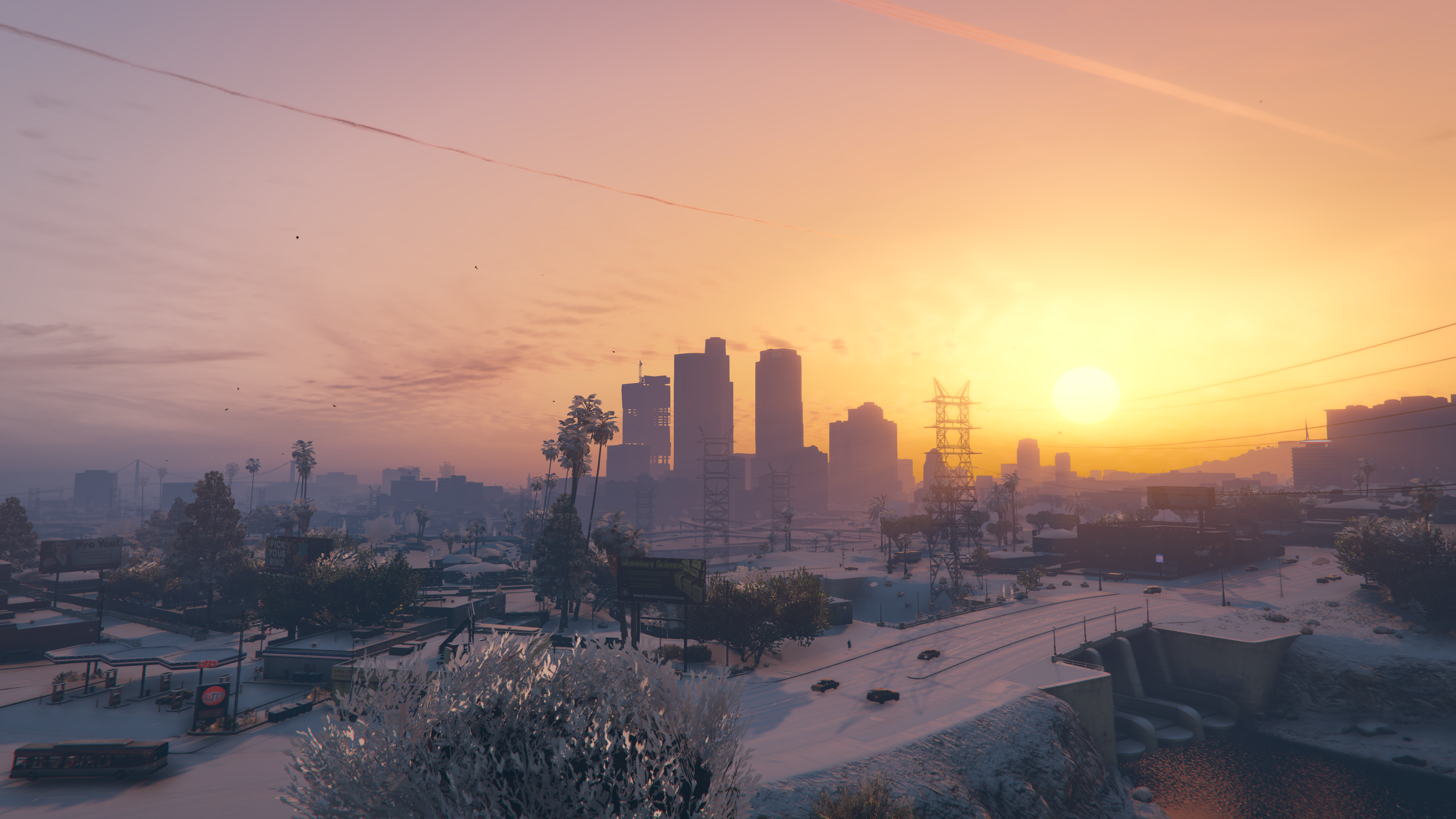 General 3840x2160 Los Angeles Grand Theft Auto V snow water sunset city screen shot