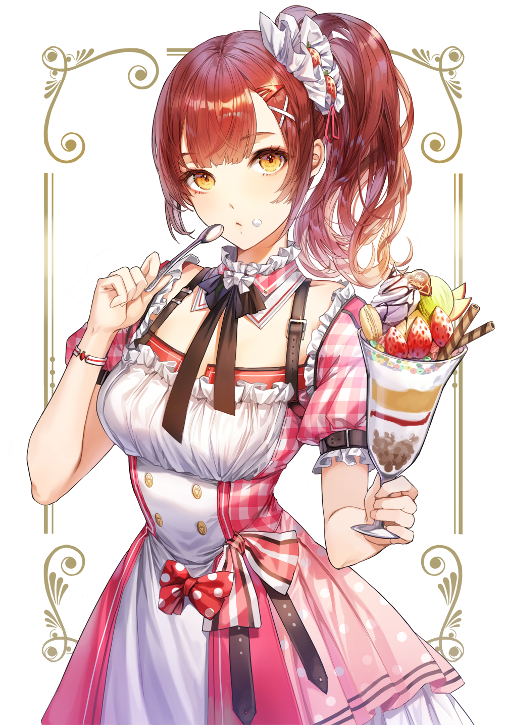 Anime 1000x1435 anime anime girls digital art artwork 2D portrait display brunette side ponytail brown eyes maid outfit waitress ice cream EB+