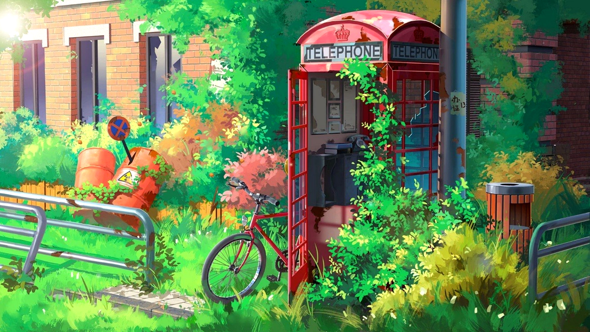 Anime 1920x1080 anime telephone bicycle red telephone box phone box overgrown