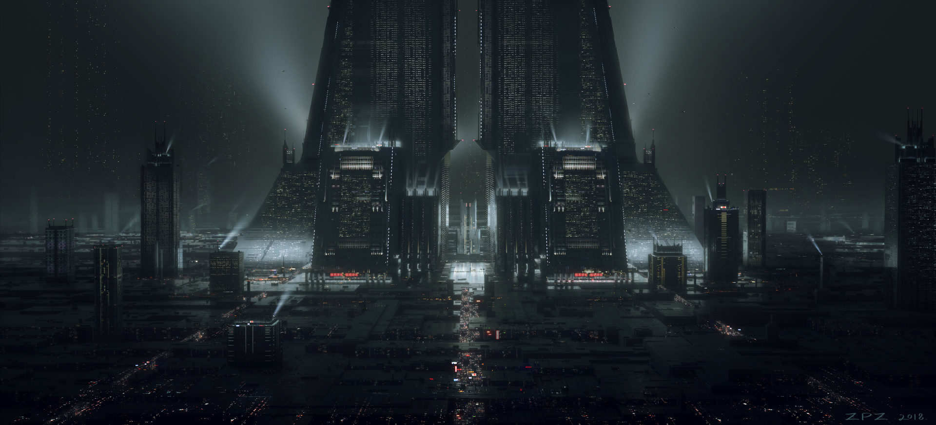General 1920x873 digital art landscape Pengzhen Zhang cyberpunk fantasy city fantasy architecture Blade Runner