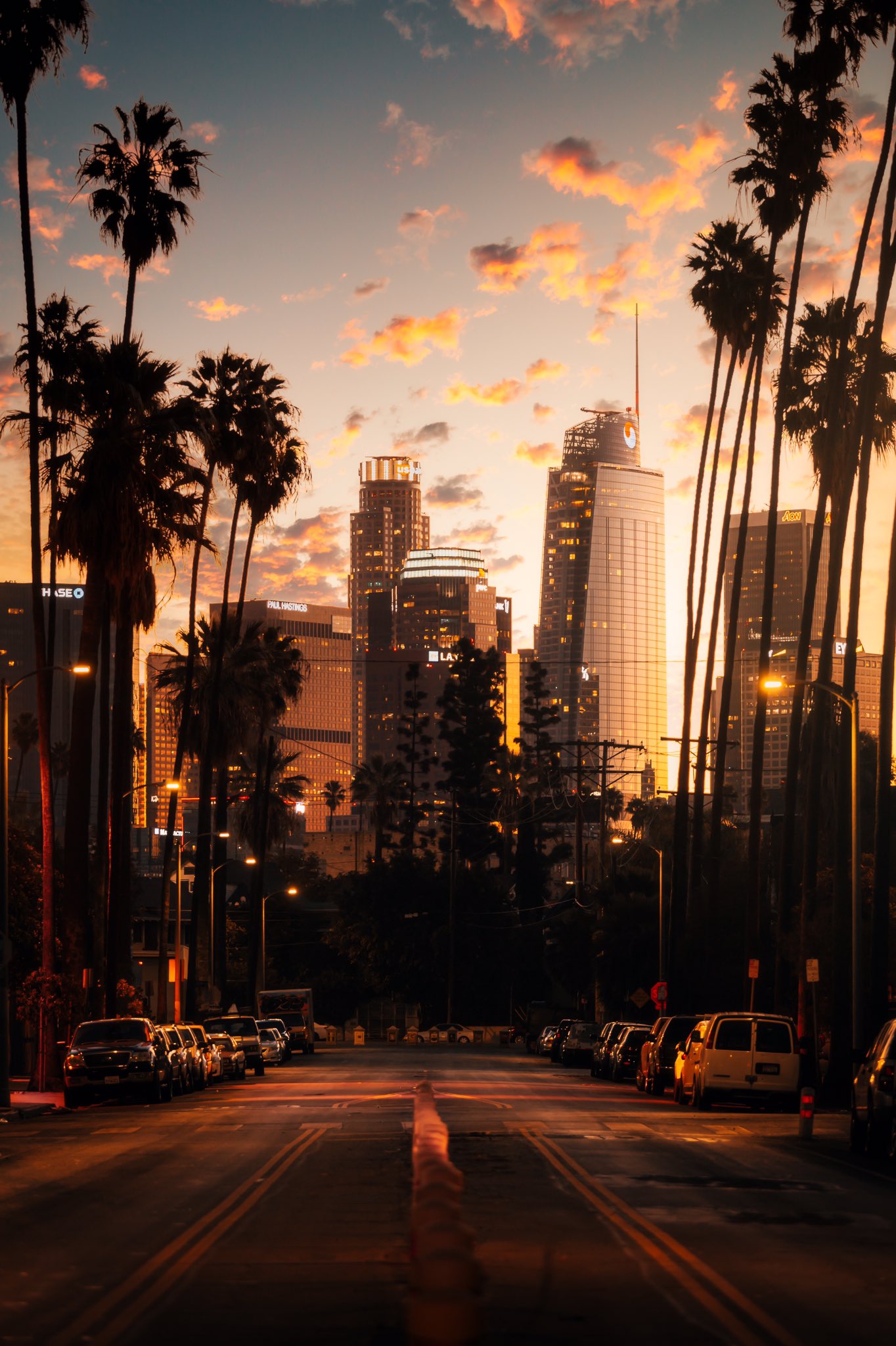 General 1364x2048 cityscape portrait display city sunset skyscraper Los Angeles road palm trees perspective