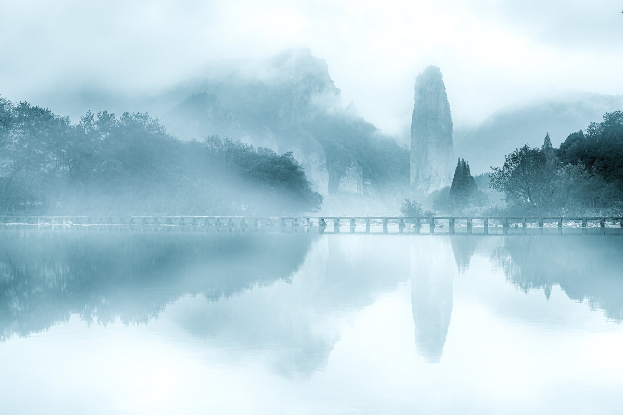 General 2048x1366 landscape mist reflection water sky white trees blue cold