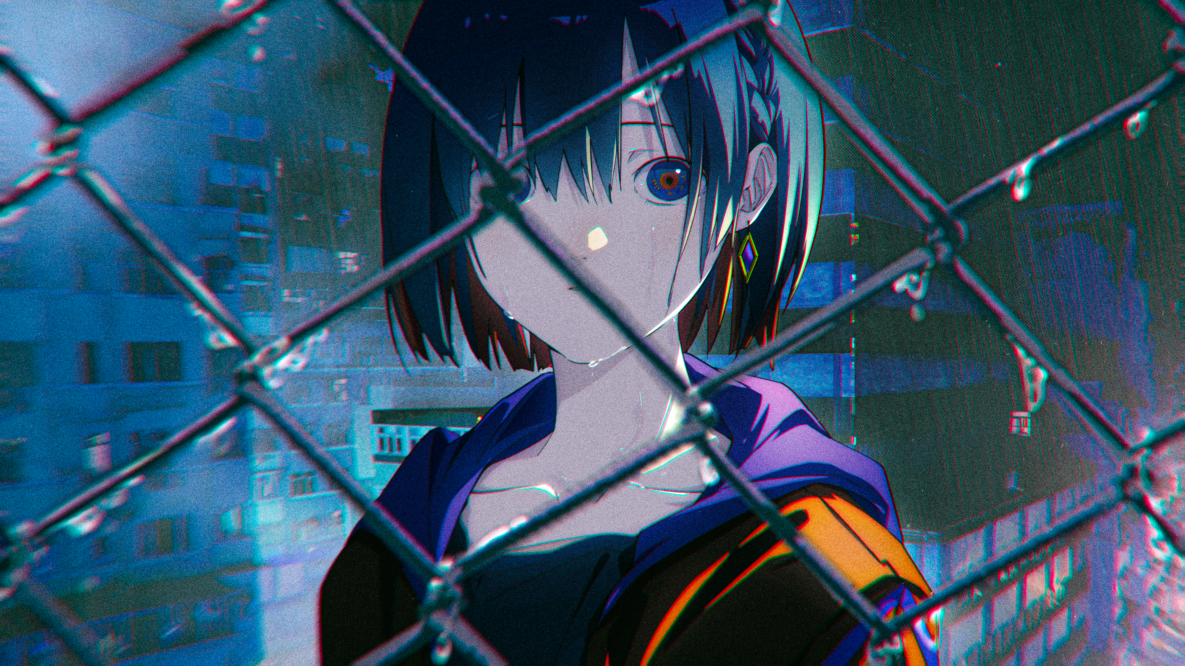 Anime 3840x2160 anime anime girls rain water drops blue hair blue eyes earring short hair city looking at viewer wireframe