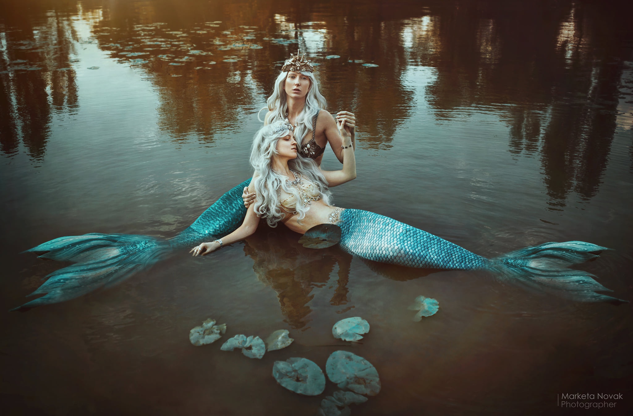 People 2048x1345 Marketa Novak women model two women mermaids fantasy girl in water outdoors long hair crown holding hands gray hair sensual gaze women outdoors