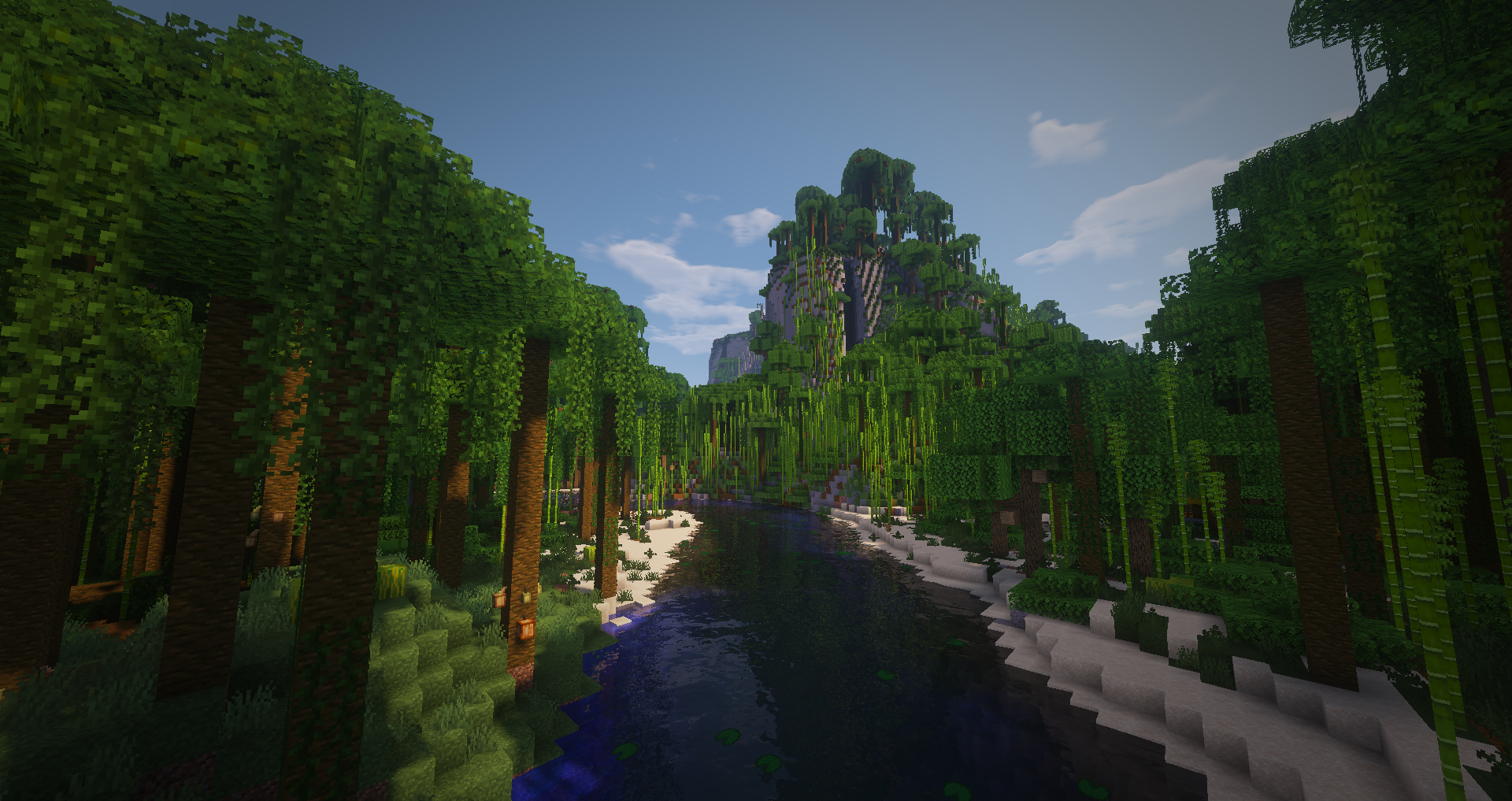 General 1920x1017 Minecraft video game art landscape trees forest river bamboo jungle shaders