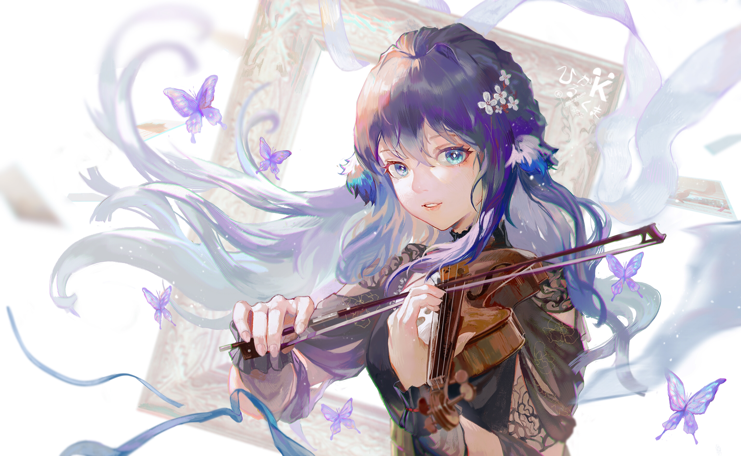 Anime 2856x1758 anime anime girls blue eyes butterfly ribbon long hair blue hair flower in hair looking at viewer violin canvas Arknights DaylightAllure Astesia (Arknights)