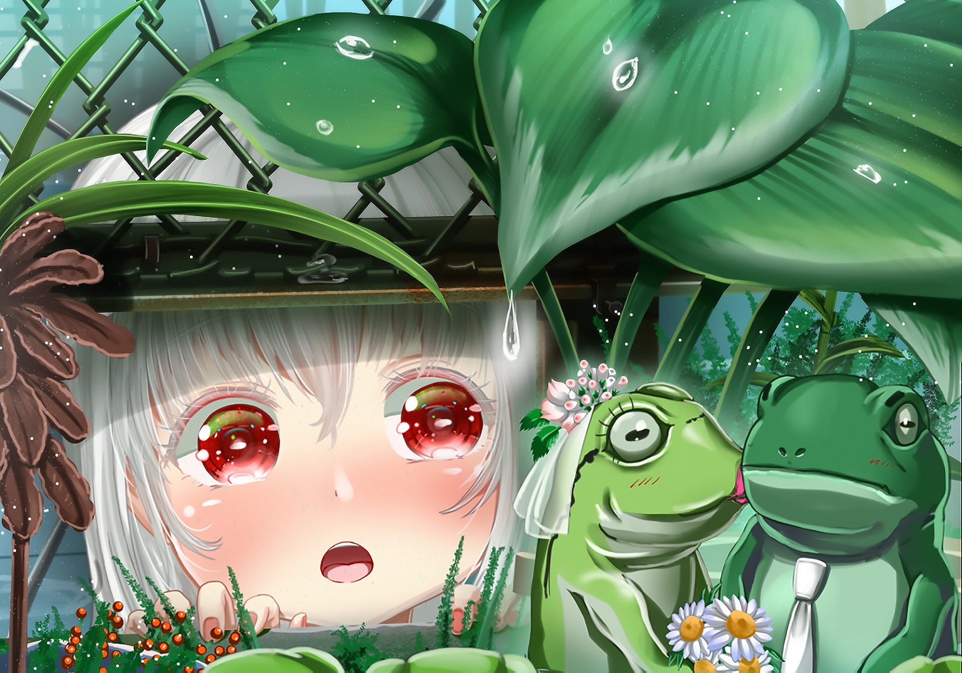 Anime 1920x1343 anime digital art anime girls barbed wire fence rain plants frog bridal veil daisies kissing white hair short hair red eyes blushing makeup water drops painted nails highlights