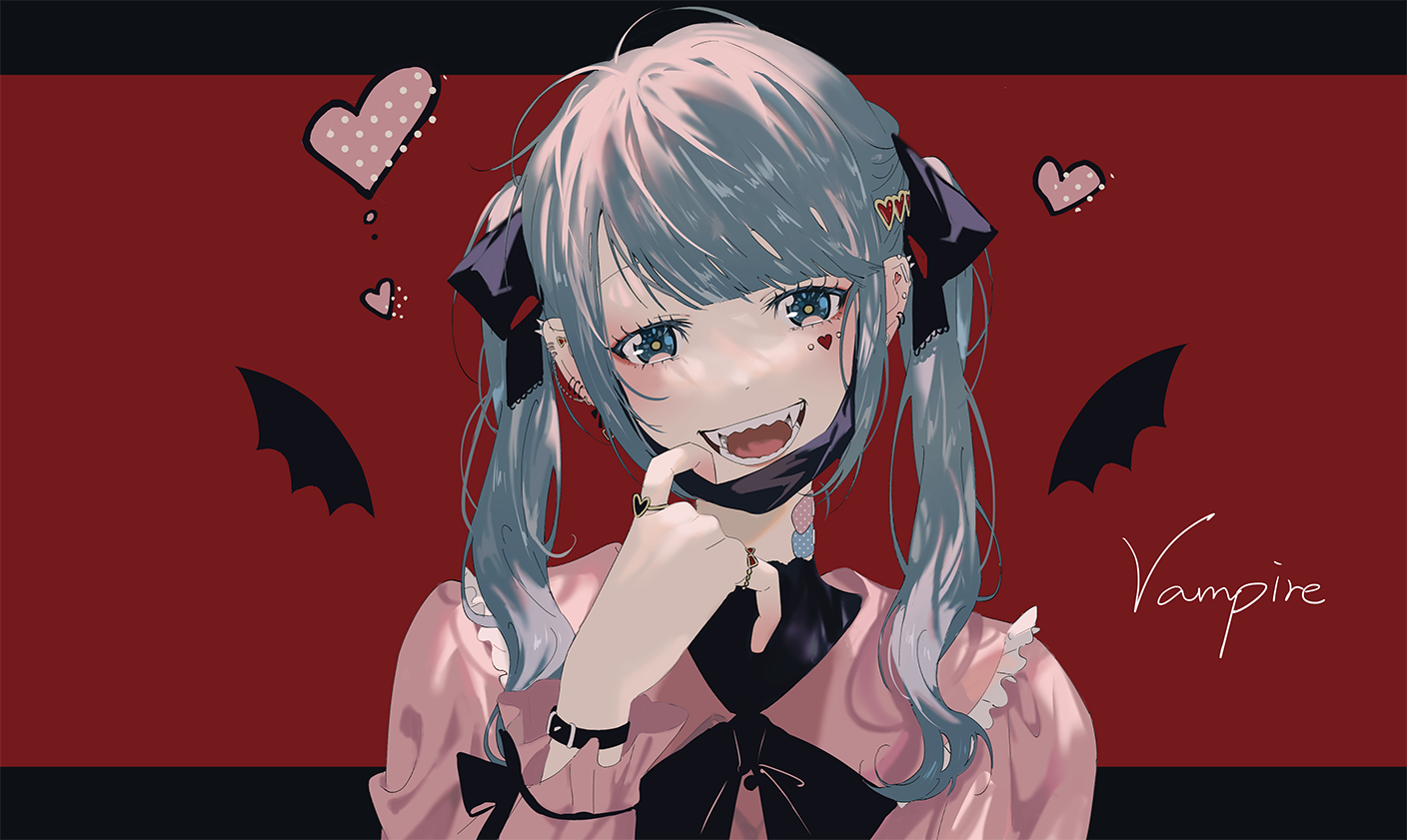 Anime 1408x841 Vocaloid vampires twintails black ribbons bat wings pink shirt open mouth cyan hair blushing watch heart (tattoo) smiling fangs hair ornament simple background looking at viewer 2D anime girls frills aqua eyes long hair piercing red background fan art artwork bangs