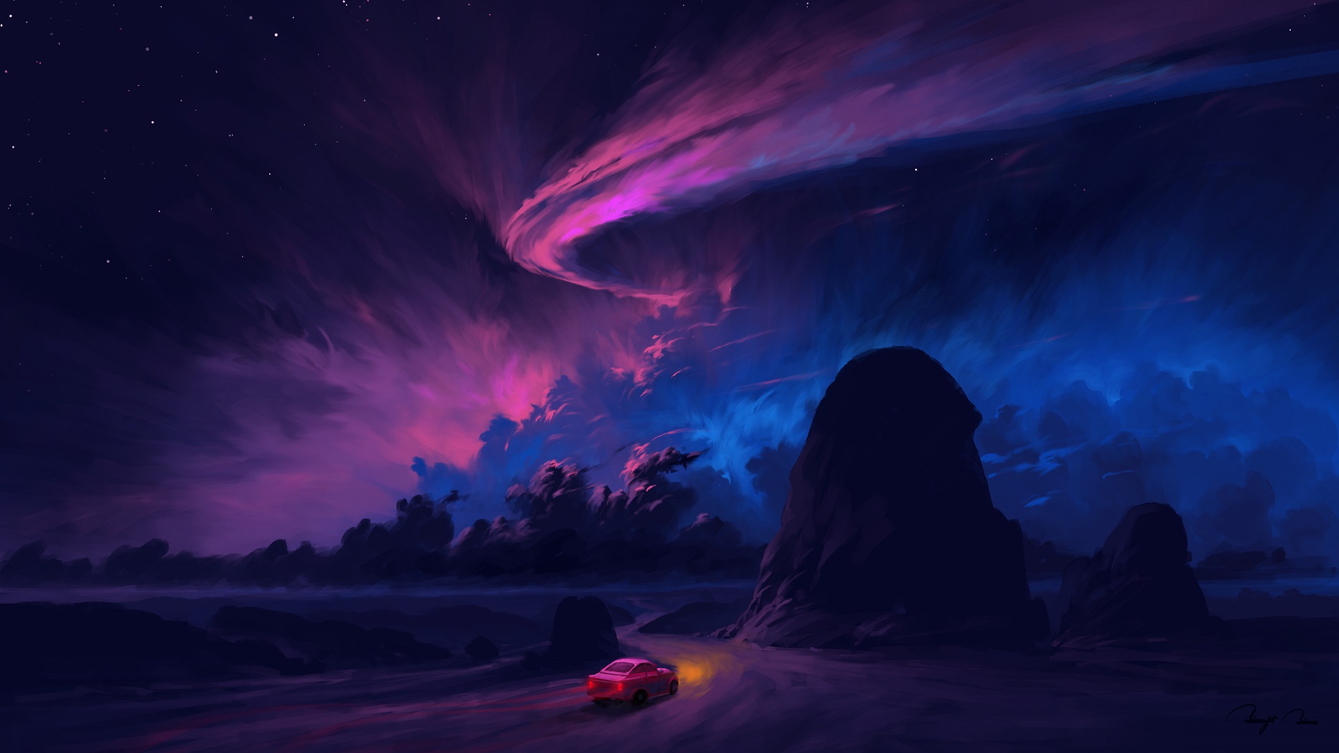 General 1920x1080 digital painting night sky car landscape clouds artwork BisBiswas pink cars purple sky purple