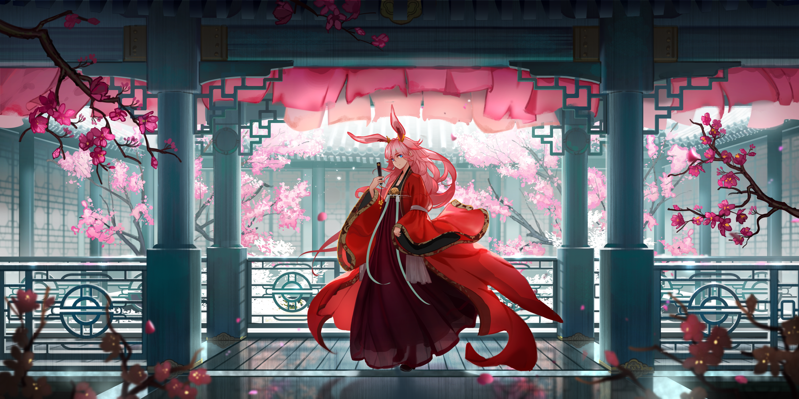 Anime 2800x1400 anime anime girls fantasy girl looking at viewer drawing digital art Asian architecture kimono cherry blossom