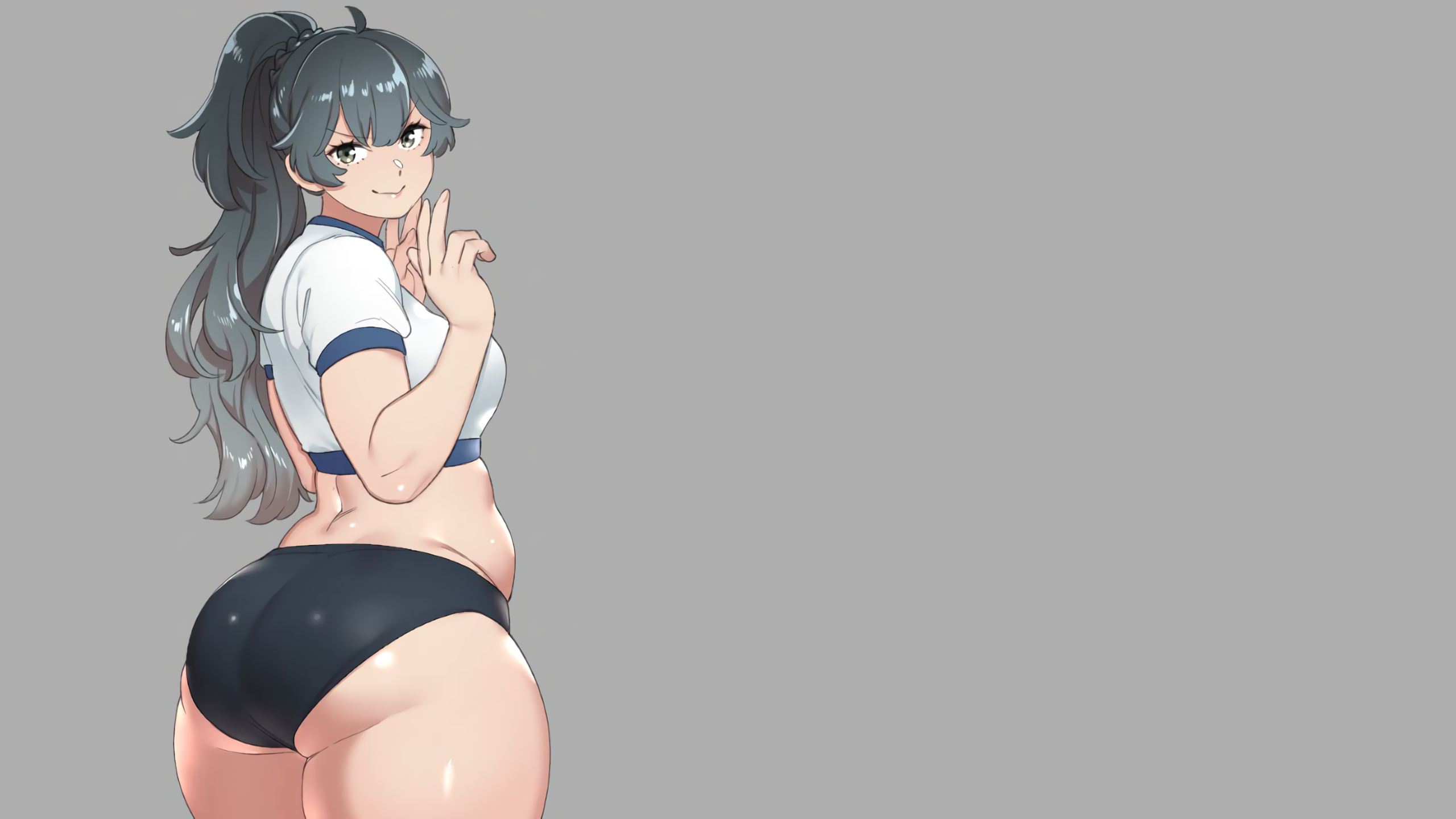 Anime 2560x1440 anime anime girls ecchi simple background ass thick ass thighs thigh-highs thick thigh big boobs boobs gym clothes ponytail schoolgirl Agawa Ryo
