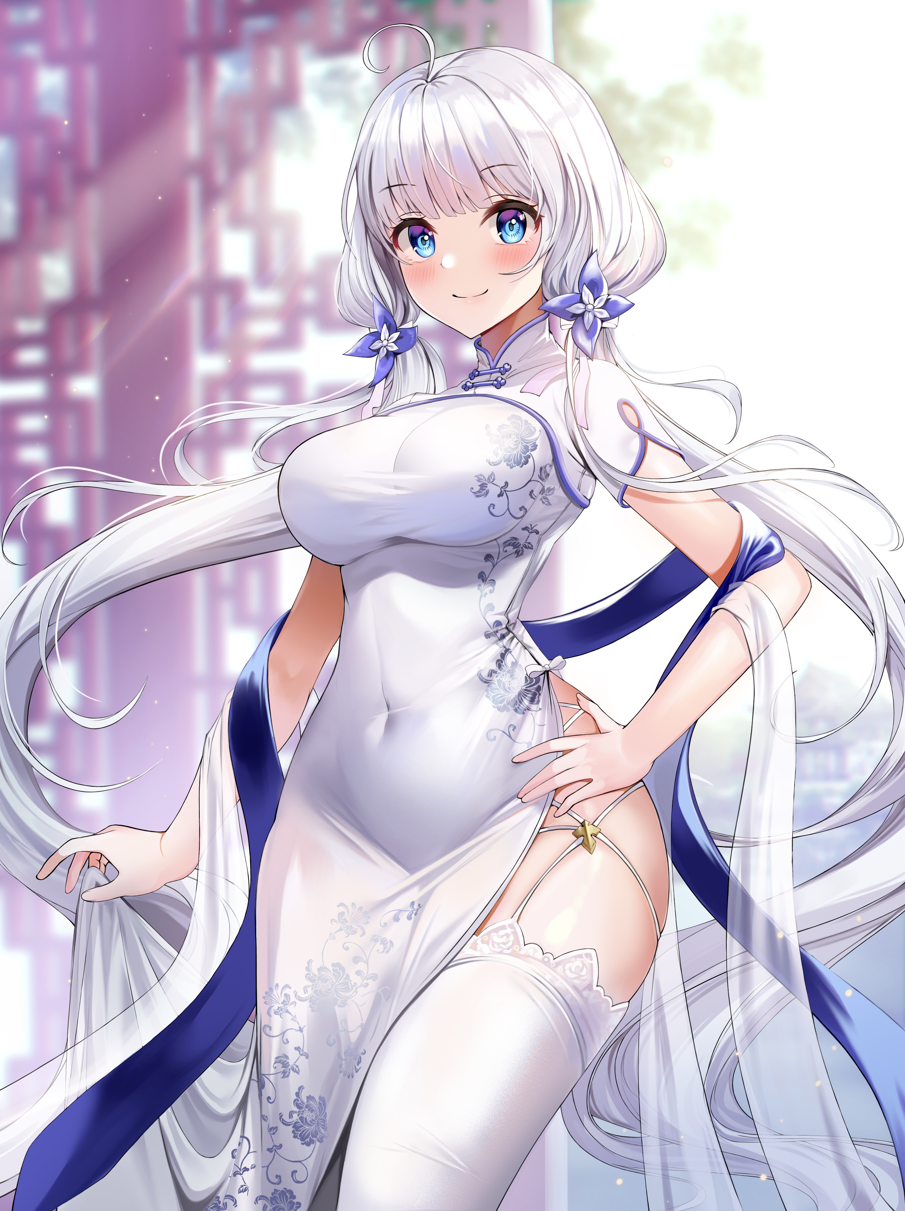 Anime 2956x3957 anime girls Chinese dress white stockings white hair smiling long hair blue eyes thigh-highs artwork Foka Azur Lane Illustrious (Azur Lane)