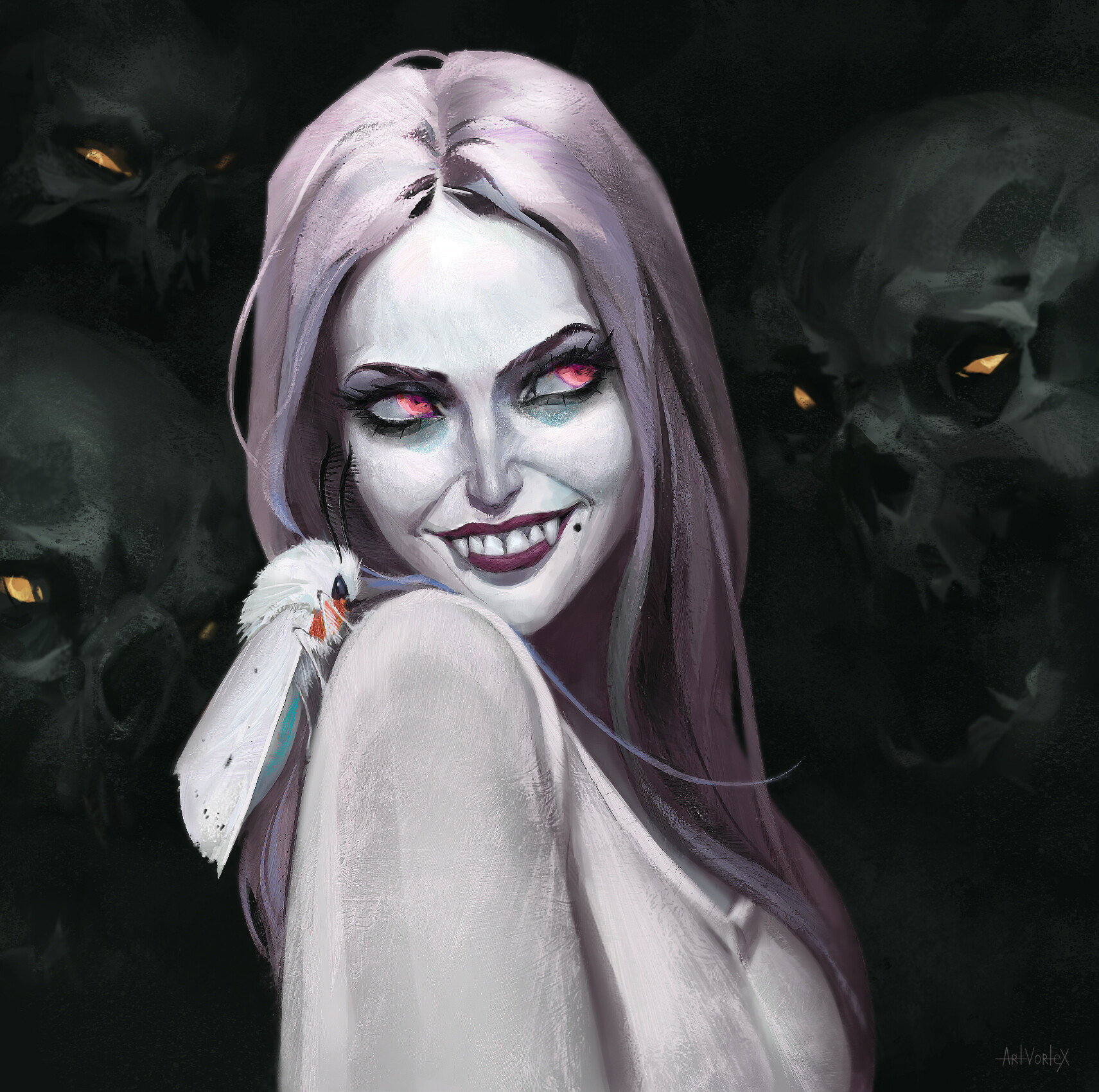 General 1711x1700 ArtVorteX Holopainen skull face fangs vampires drawing artwork looking away women ArtStation red eyes
