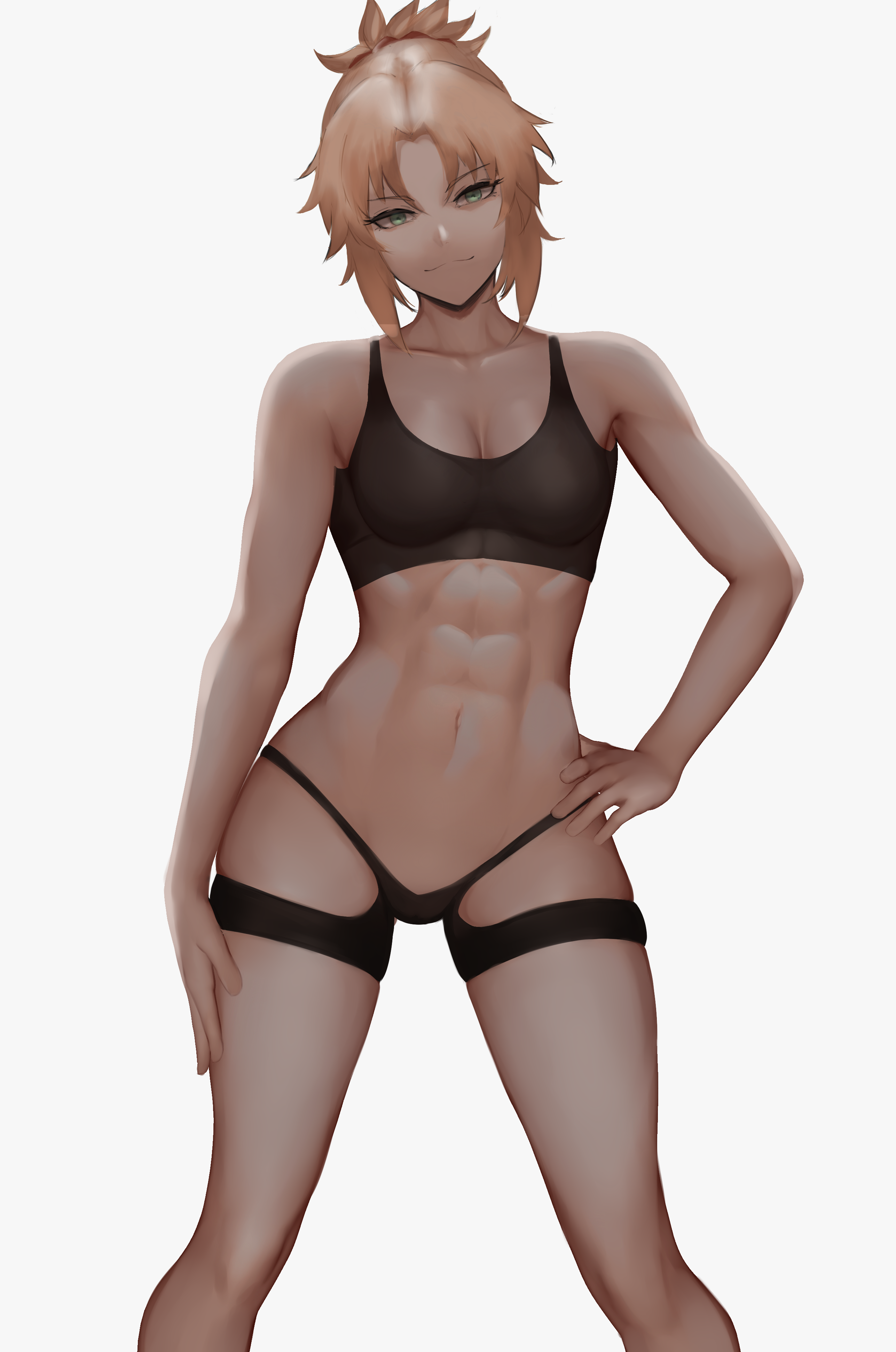 Anime 2574x3883 Fate/Apocrypha  Fate series 6-pack muscles biceps abs muscular smiling thighs spread legs belly button black underwear sports bra cleavage 2D Fate/Grand Order Mordred (Fate/Apocrypha) looking at viewer long hair ecchi simple background anime portrait display hands on hips bare shoulders sportswear tank top bangs ponytail green eyes belly alternate costume fan art Biriyb blonde tomboys