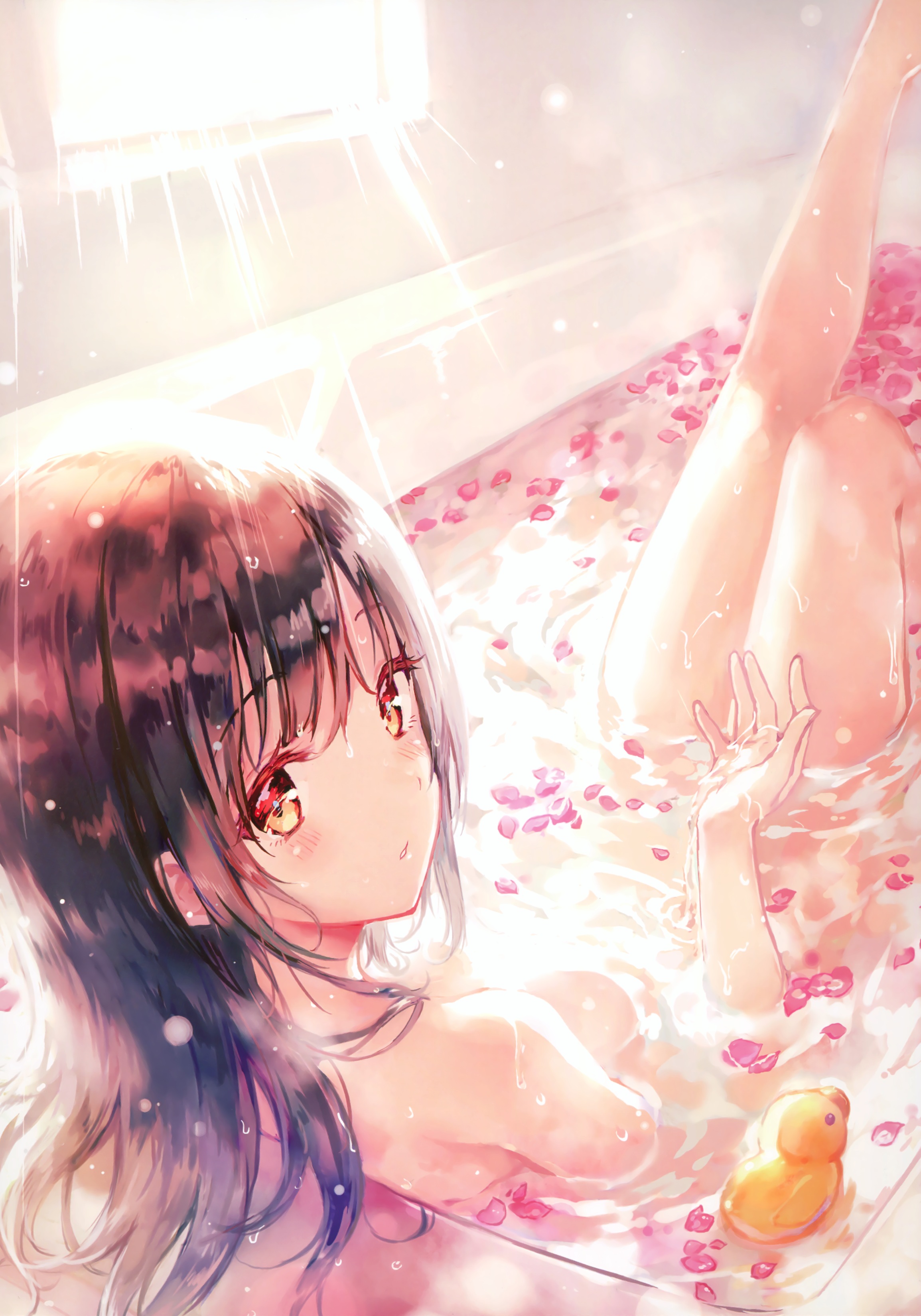 Anime 2309x3300 petals wet body legs together leg up bathing in bathtub wet brunette orange eyes looking back nude anime girls Hiten