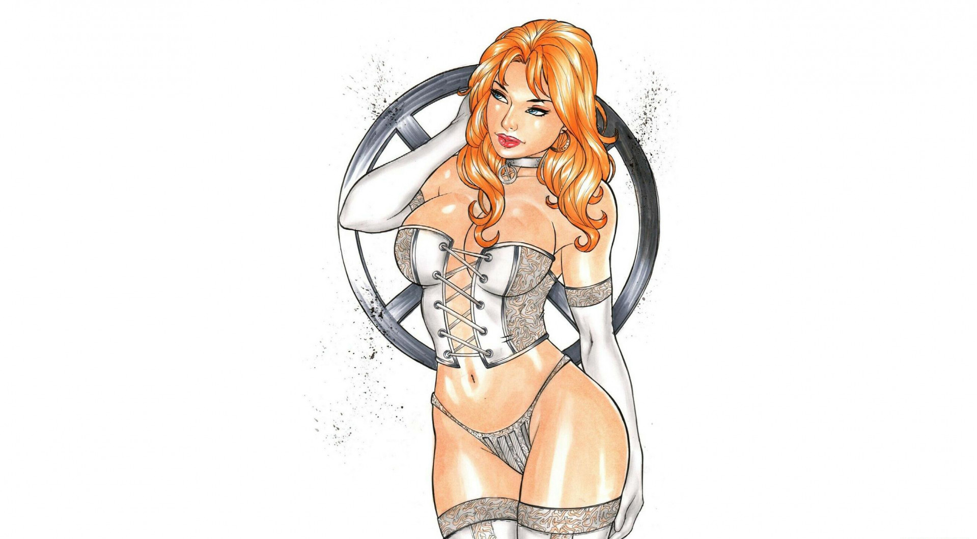 General 1919x1060 women drawing simple background white background redhead standing boobs big boobs panties curvy Emma Frost X-Men White Queen Marvel Comics lingerie