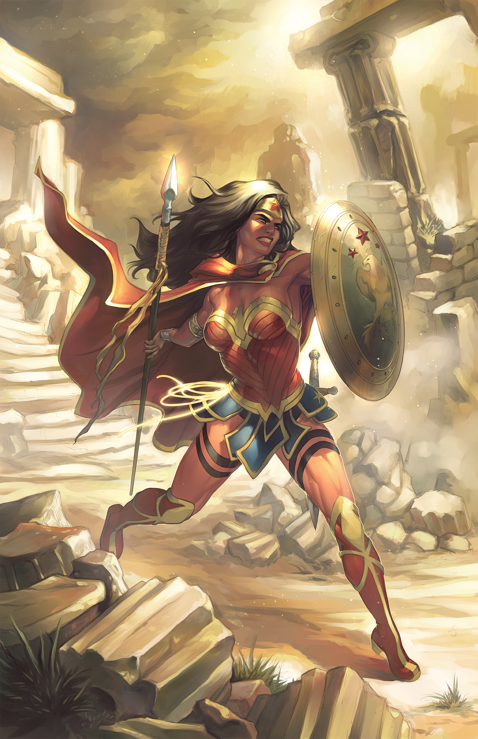 General 1618x2500 Meghan Hetrick artwork ArtStation women fantasy art warrior fantasy girl Wonder Woman spear shield costumes dark hair