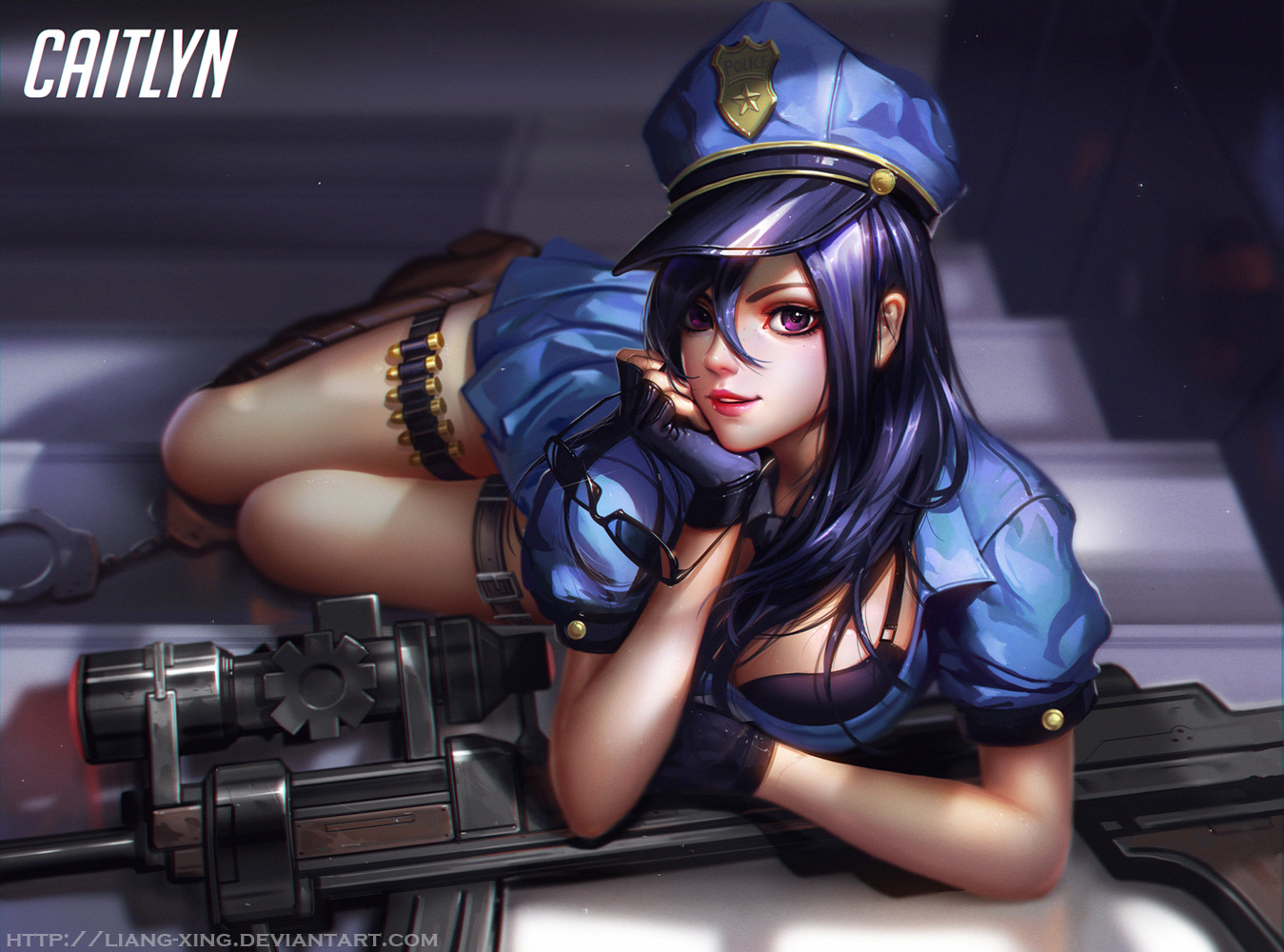 General 1349x1000 Jason Liang drawing League of Legends women Caitlyn (League of Legends) open clothes police costume purple eyes weapon sniper rifle PC gaming video game girls hat women with hats girls with guns looking at viewer video game art