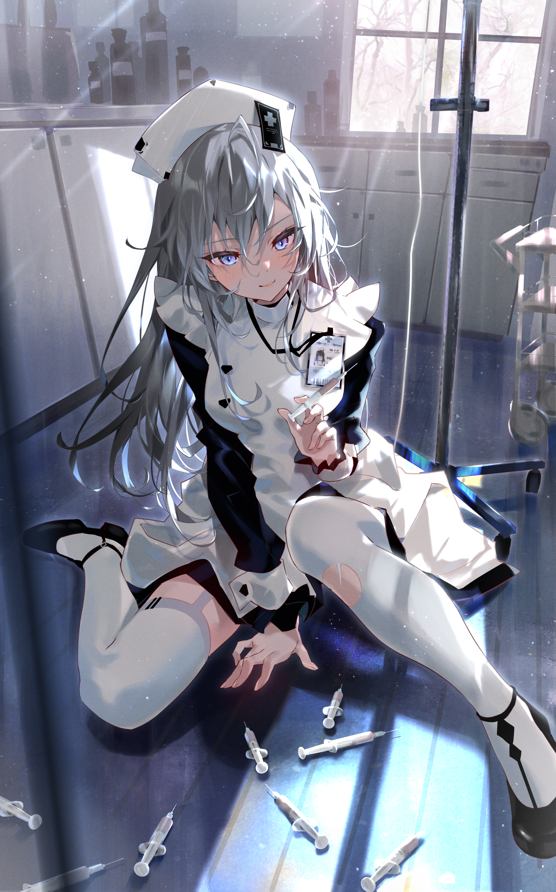 Anime 1808x2900 anime anime girls nurse outfit Arutera thigh-highs artwork gray hair blue eyes syringe original characters portrait display nurses looking at viewer long hair hair between eyes smiling closed mouth window needles bent legs stockings garter straps sunlight on the floor floor