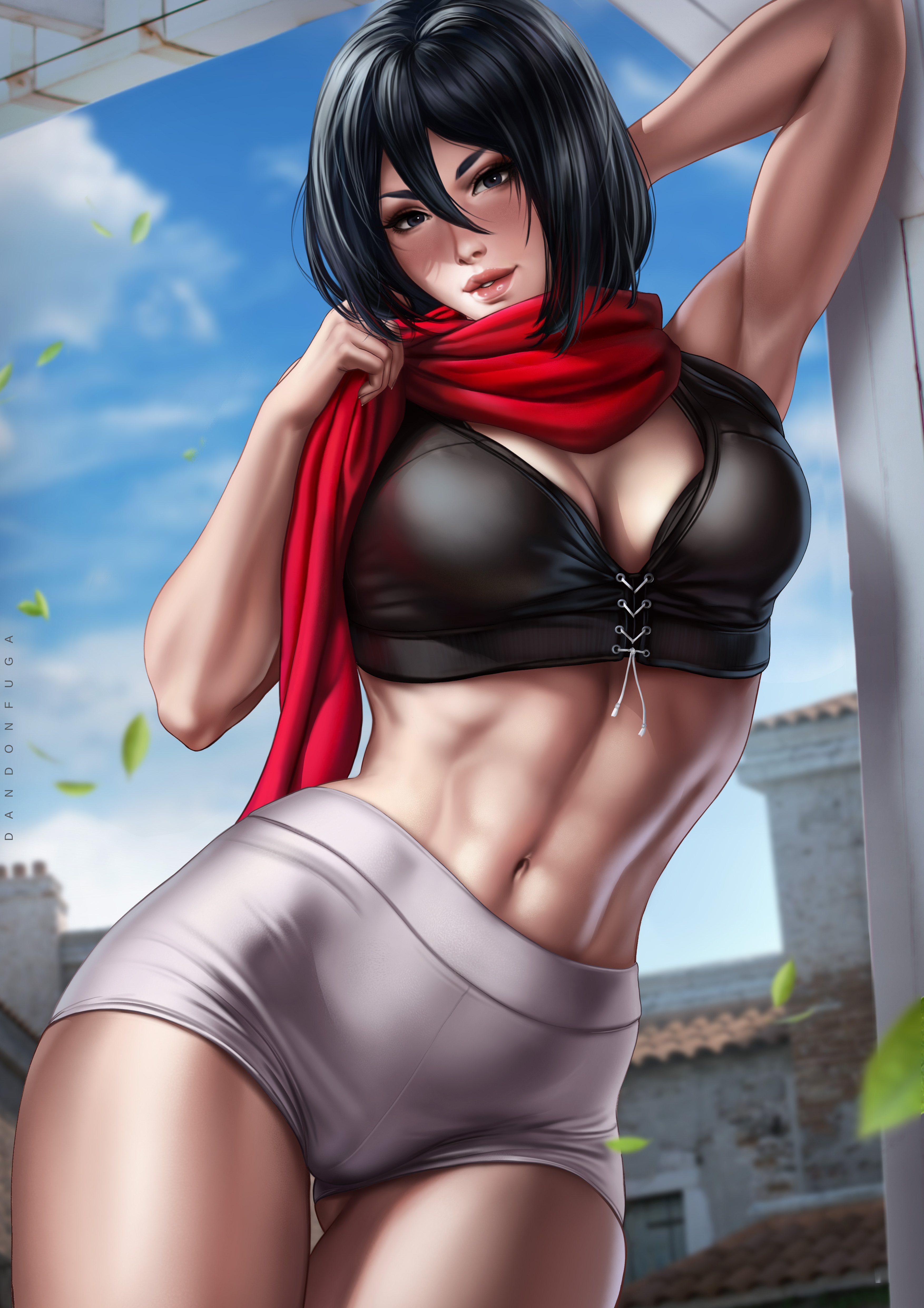 Anime 3508x4961 cameltoe cleavage 6-pack abs biceps muscles armpits scarf anime girls looking at viewer short hair bangs black eyes belly button muscular female soldier anime portrait display arm(s) behind head hair in face juicy lips the gap bare shoulders 2D parted lips black top Dandonfuga fan art pink lipstick brunette Mikasa Ackerman Shingeki no Kyojin