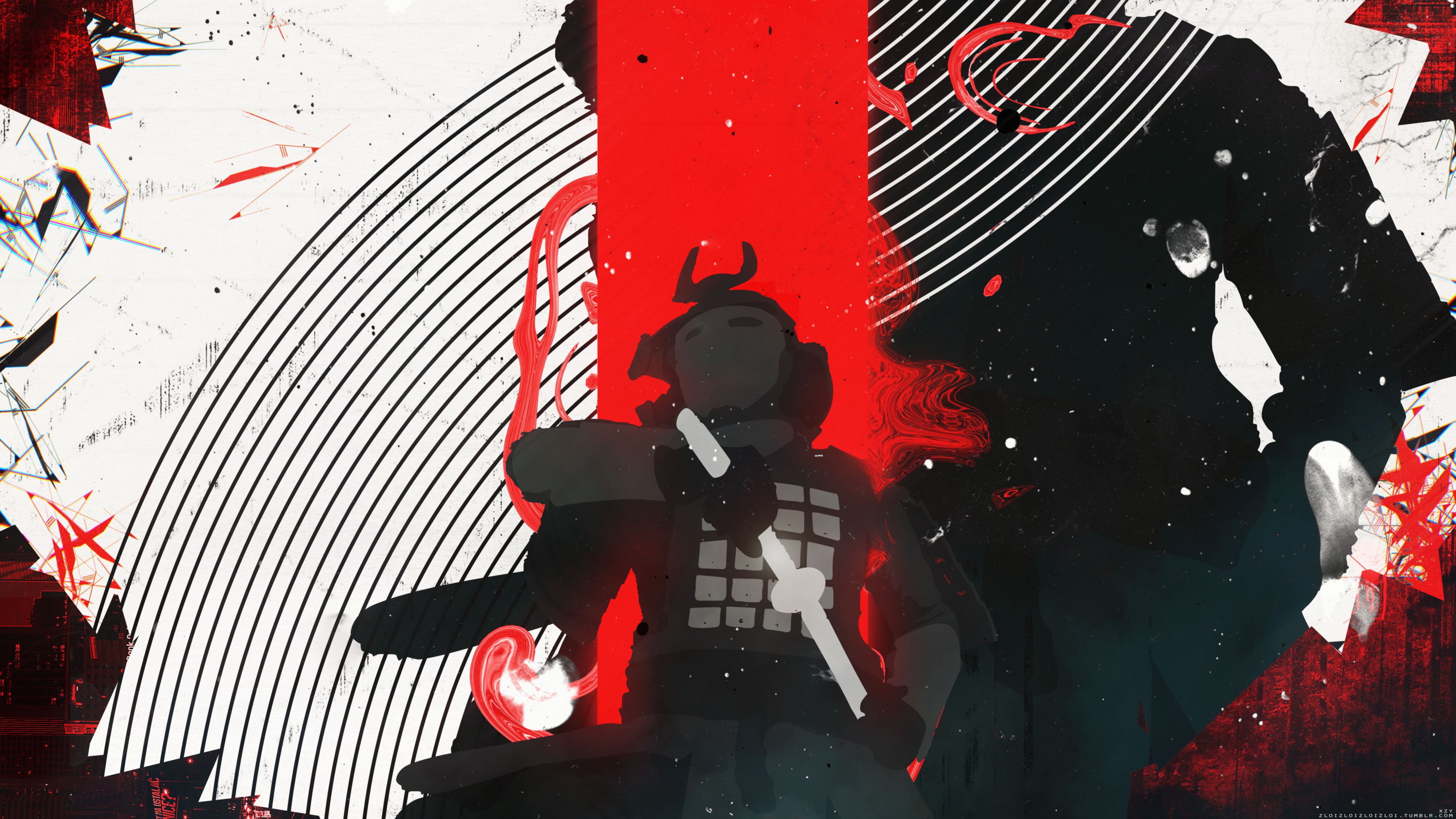 General 3840x2160 glitch art samurai Japan abstract red cyberpunk